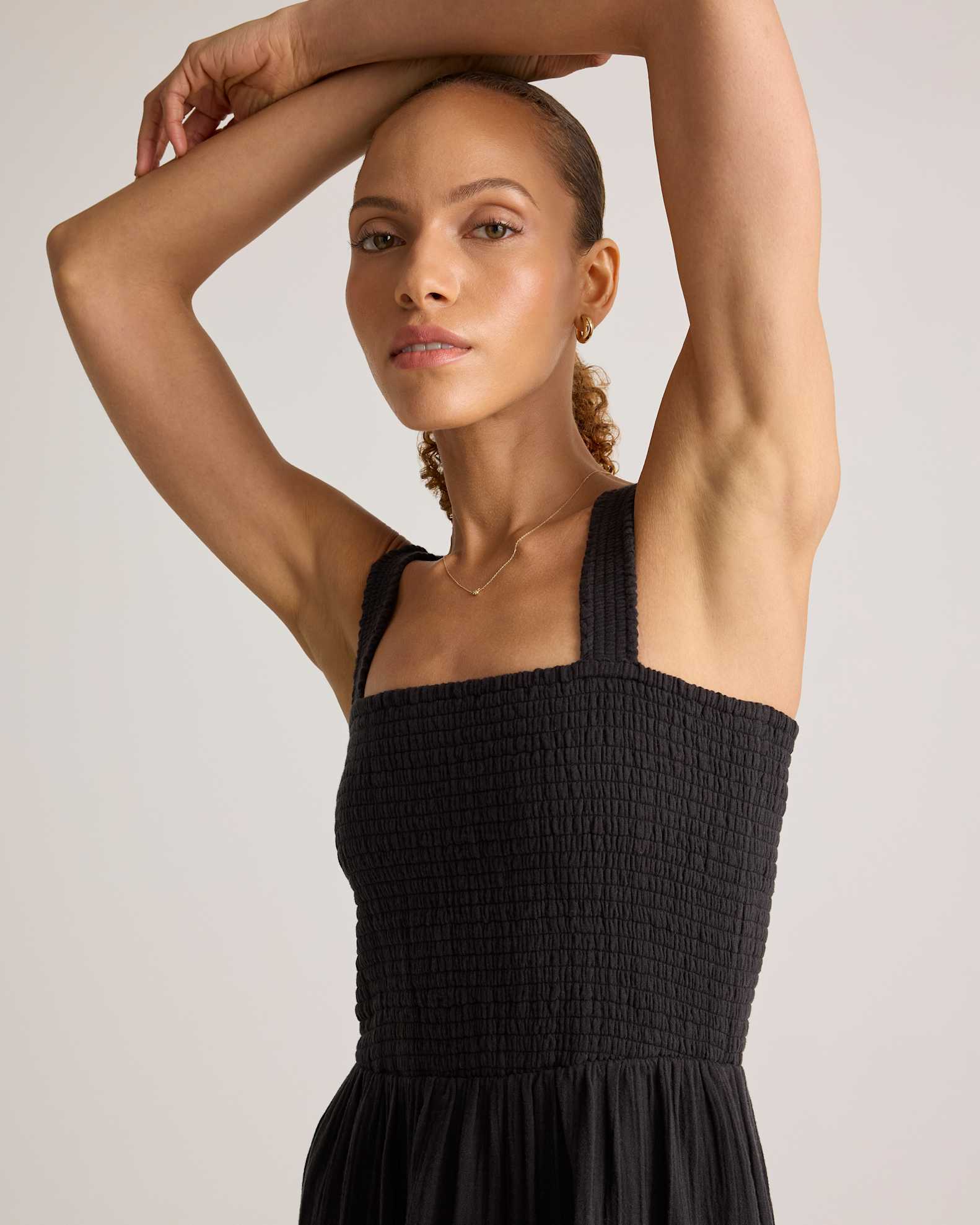 100% Organic Cotton Gauze Smocked Sleeveless Maxi Dress in Black 100% Organic Cotton Gauze Smocked Sleeveless Maxi Dress in Black