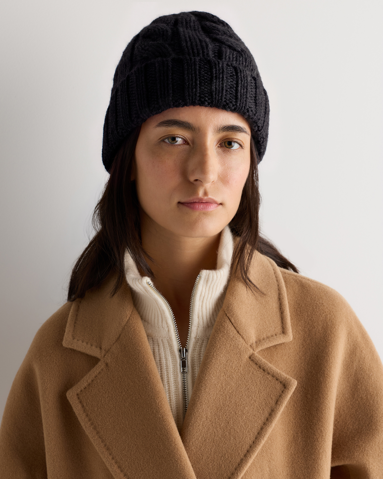 Black Mongolian Cashmere Cable Knit Beanie