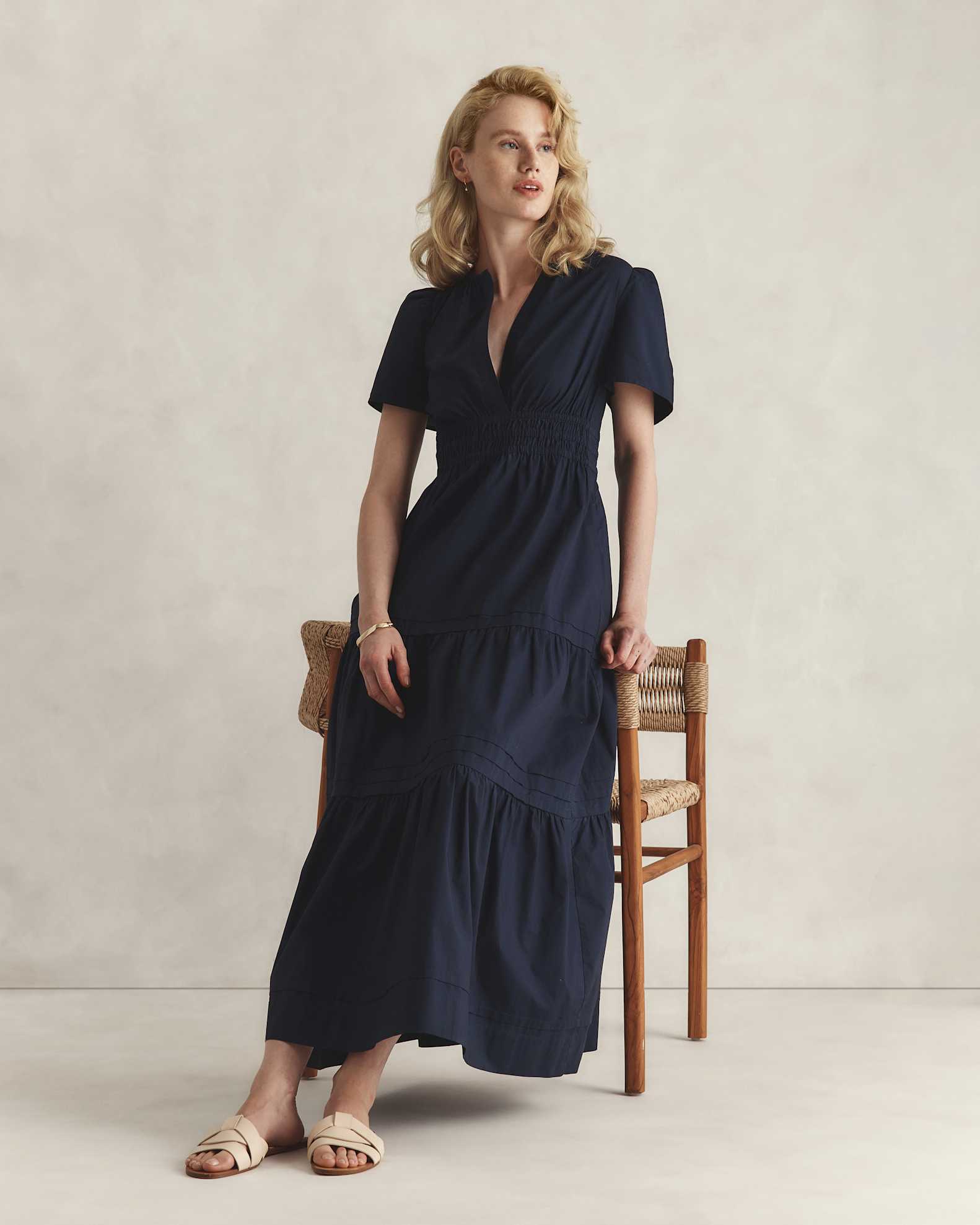 100% Organic Cotton Tiered Maxi Dress in Navy - Main Image