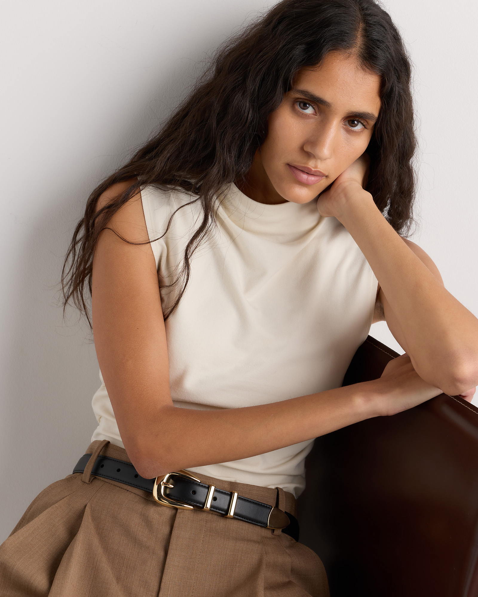 Stretch Cotton Jersey Sleeveless Mock Neck Top in Linen White