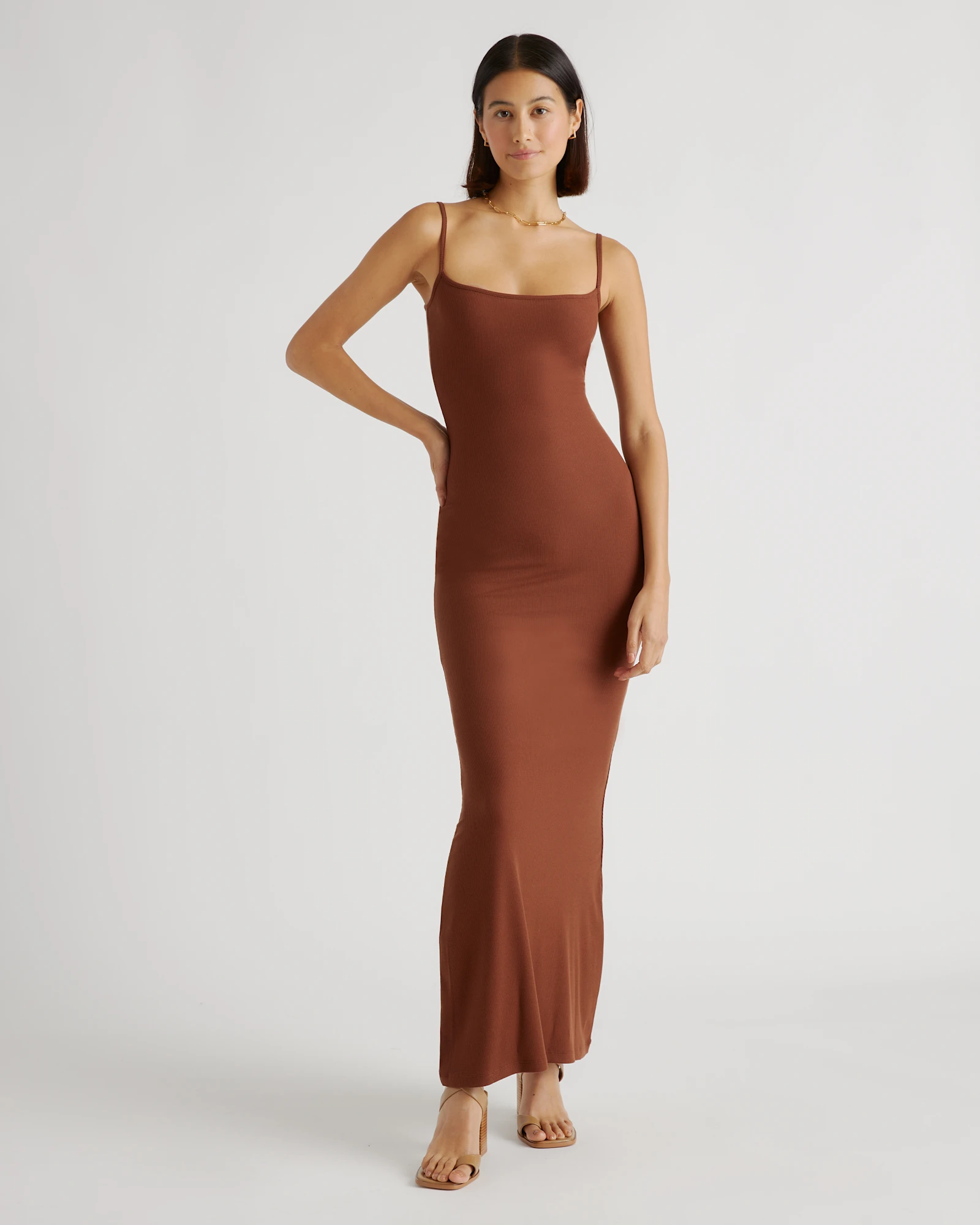 quince brown dress Quince Women's Tencel Rib Knit Maxi Slip Dress, Medium Size, Brown, Cotton/Modal Blend, Body-Hugging Fit