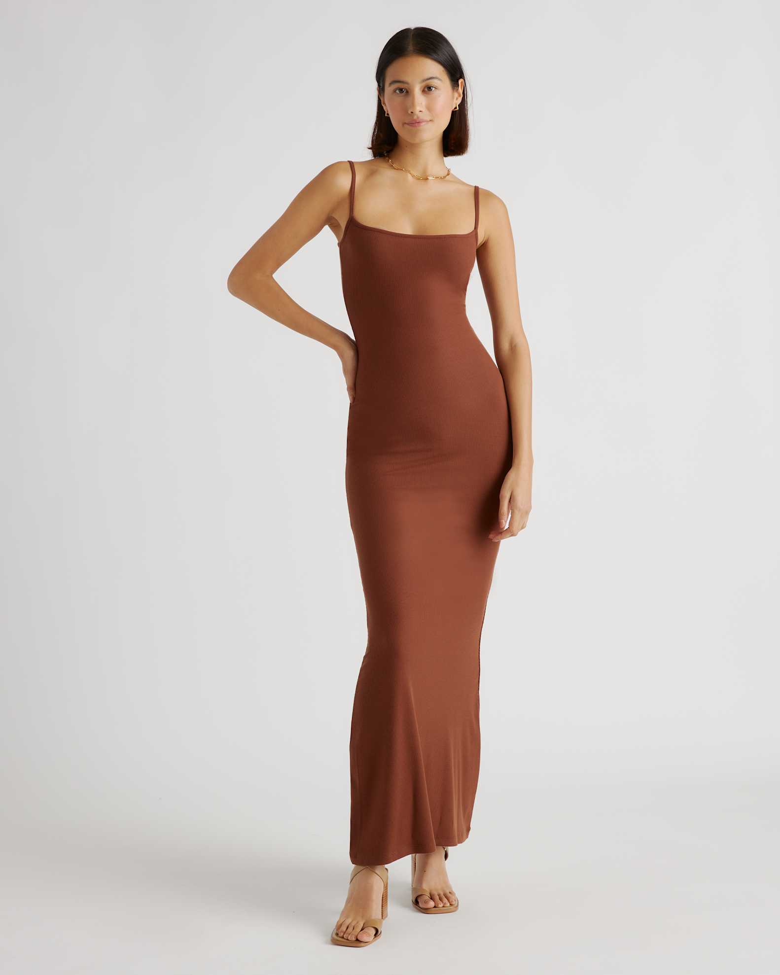 Tencel Rib Knit Maxi Slip Dress in Brown - Main Image