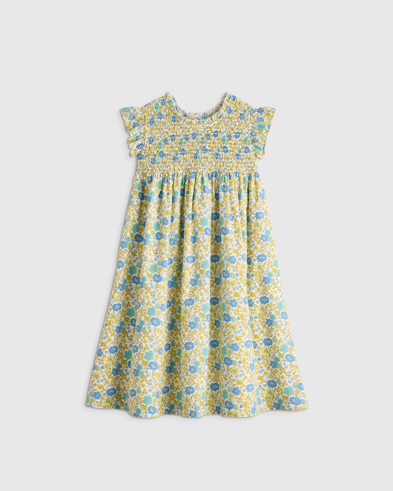 Blue Ditsy Floral 100% Organic Cotton Poplin Smocked Flutter Sleeve Dress