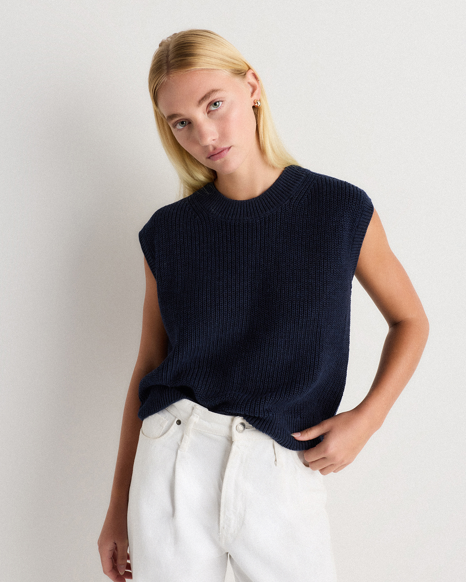 Deep Navy Débardeur en tricot de coton et lin
