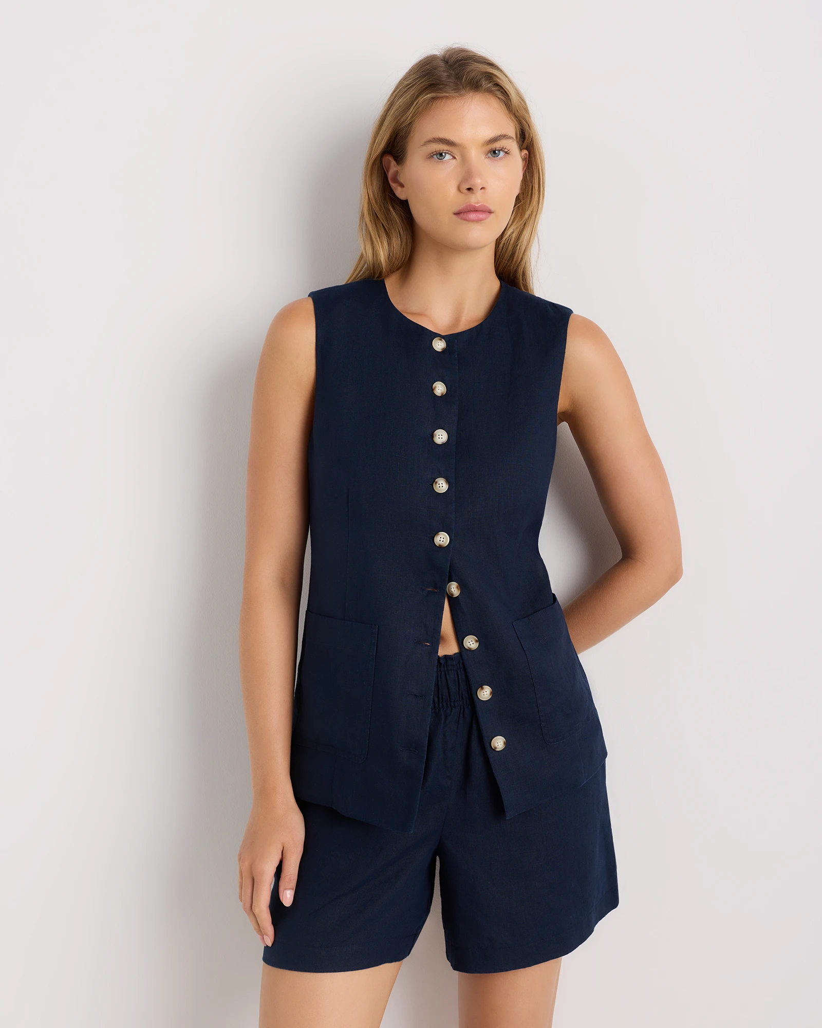 Quince 100% European Linen Longline Vest in White, 100% natural fabric tops