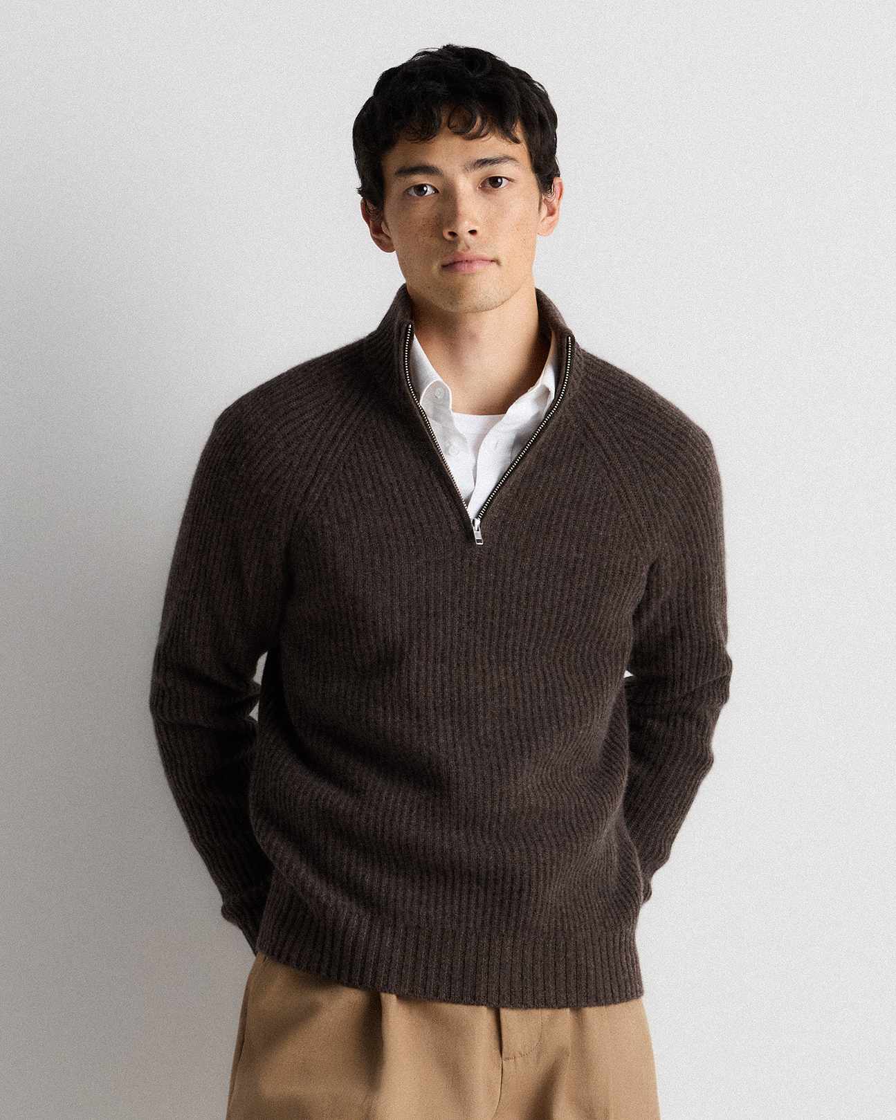 Heather Truffle Brown Mongolian Cashmere Fisherman Quarter Zip Sweater
