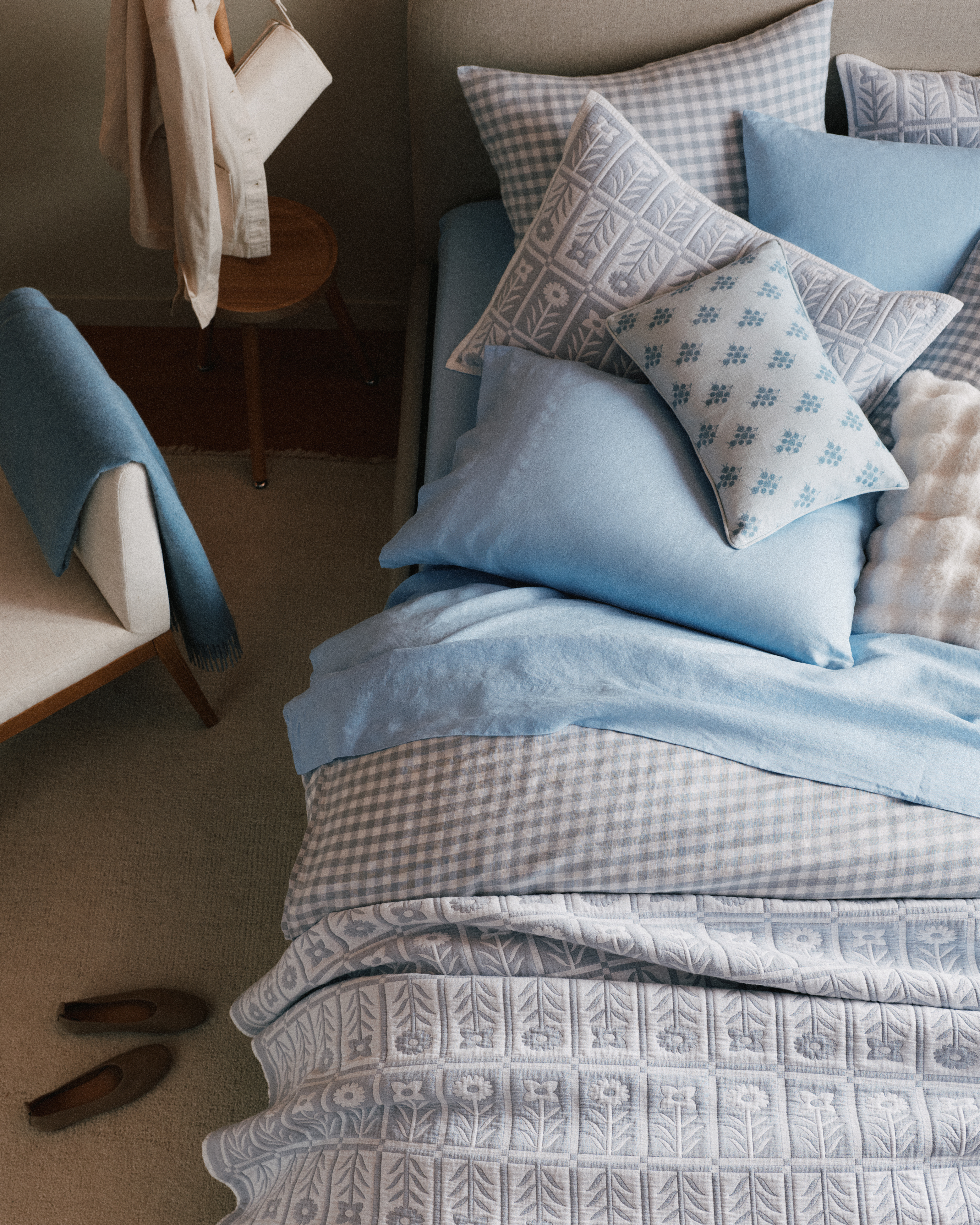 Blue Fog Organic Cotton Jacquard Floral Coverlet Set
