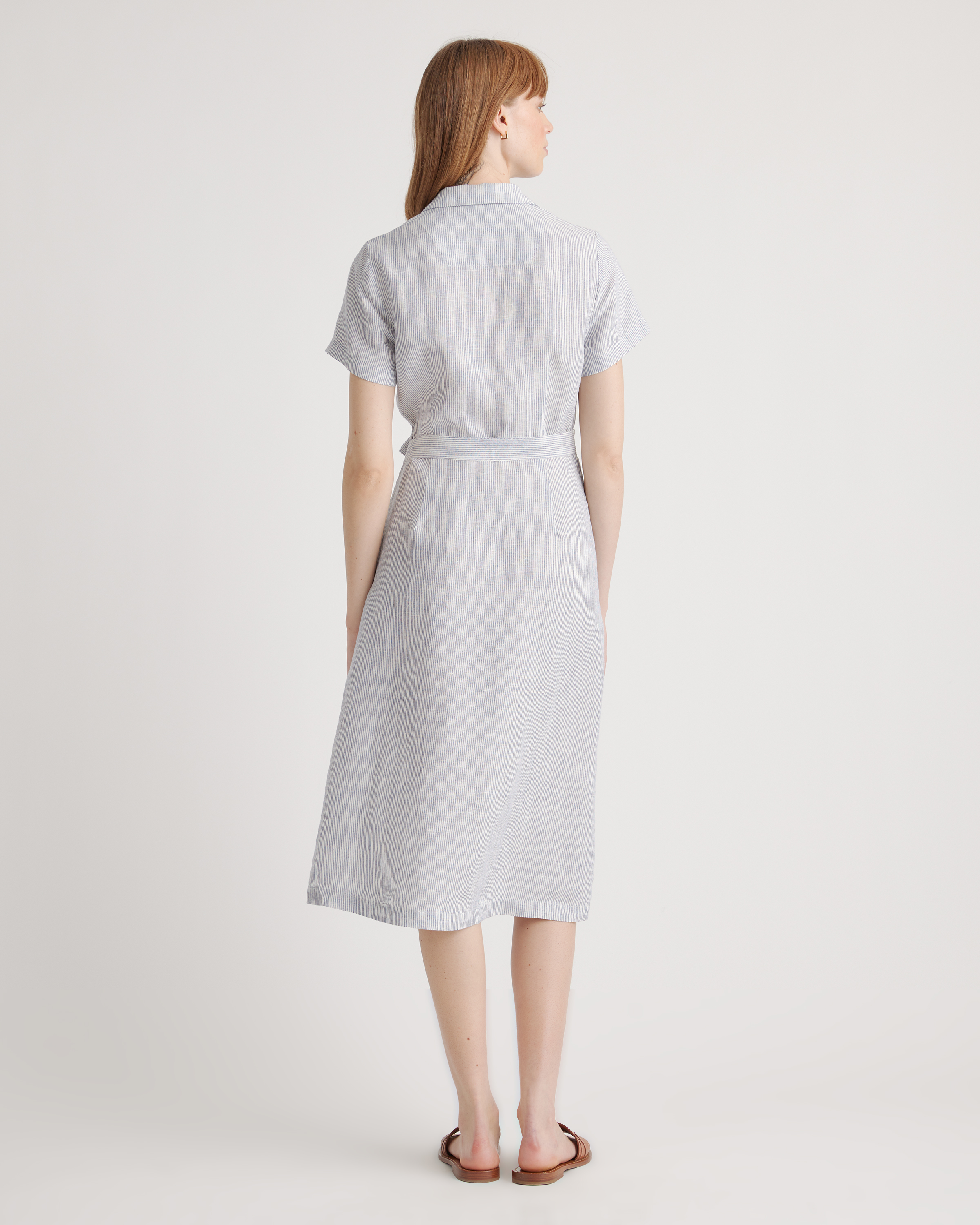 Women's 100% European Linen Button Front Dress in Blue Pinstripe, Size Medium by Quince