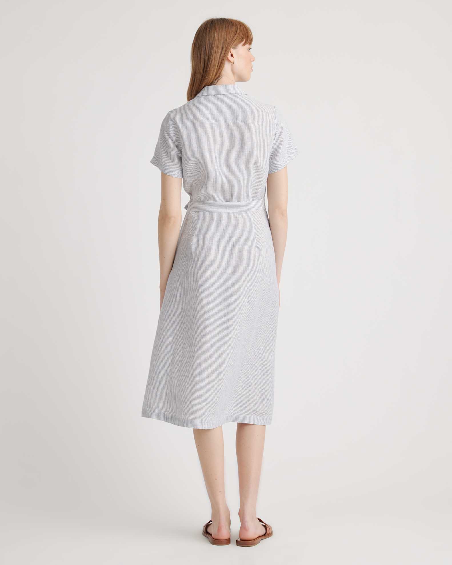 Women's 100% European Linen Button Front Dress in Blue Pinstripe, Size Medium by Quince Women's 100% European Linen Button Front Dress in Blue Pinstripe, Size Medium by Quince