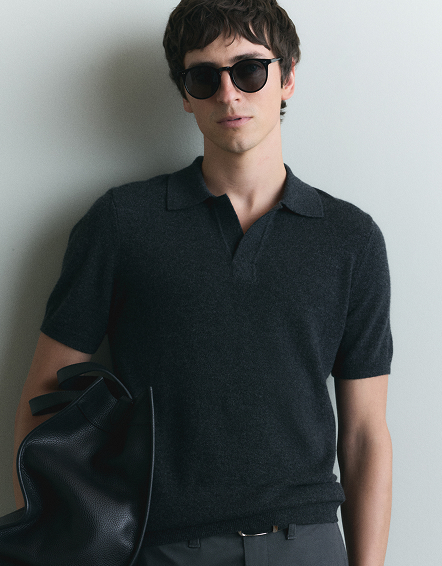 Heather Charcoal 100% Mongolian Cashmere Johnny Collar Polo Sweater
