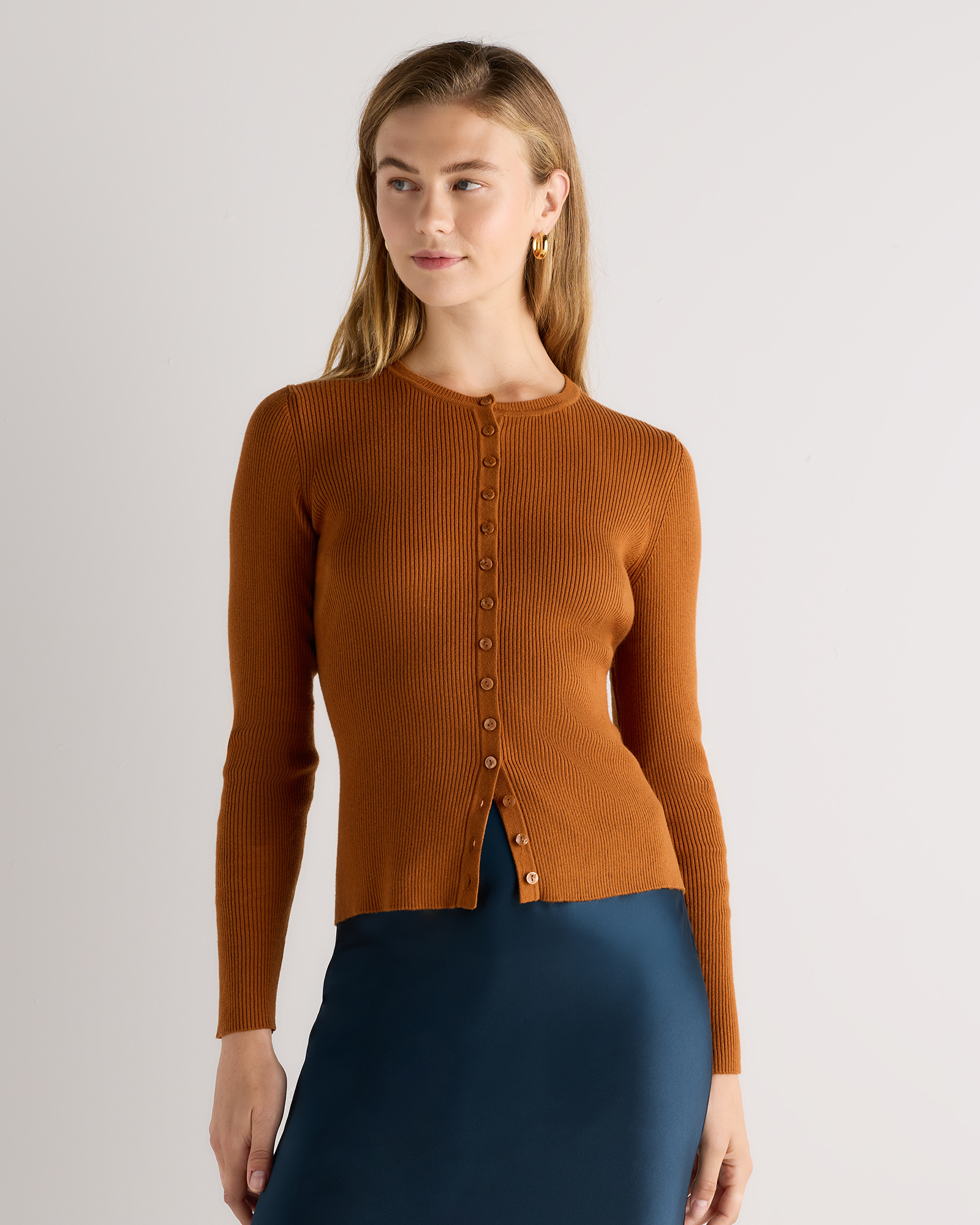 Rustica Brown Cotton Cashmere Fitted Ribbed Cardigan