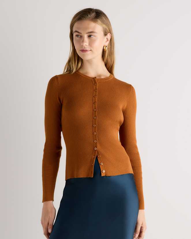 Rustica Brown Cotton Cashmere Fitted Ribbed Cardigan