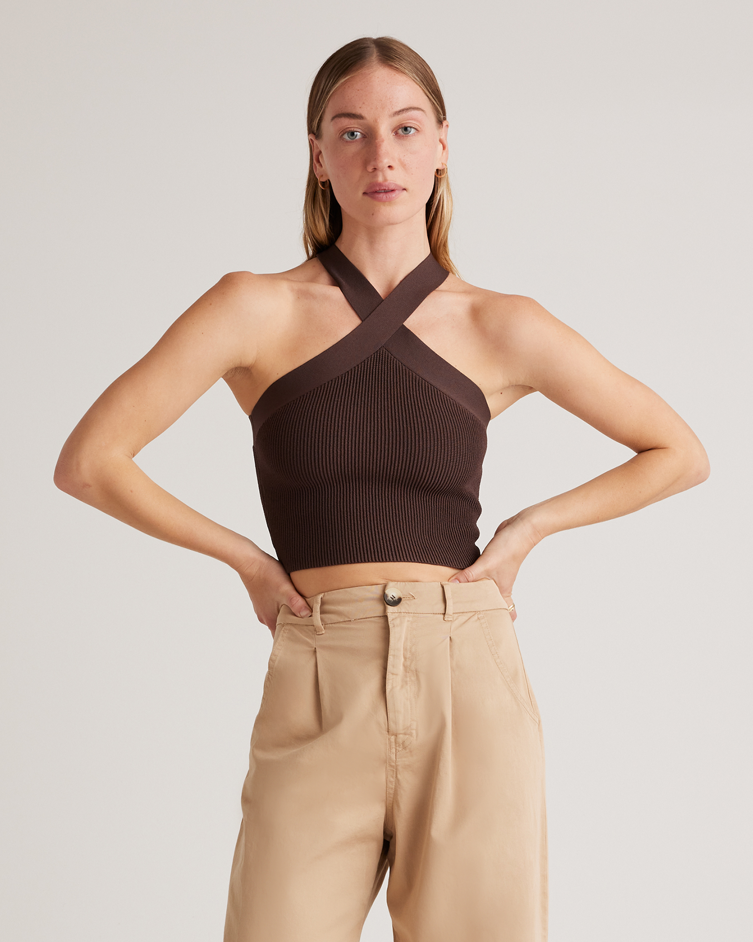 Dark Brown Cropped Halter Ribbed Knit Tank