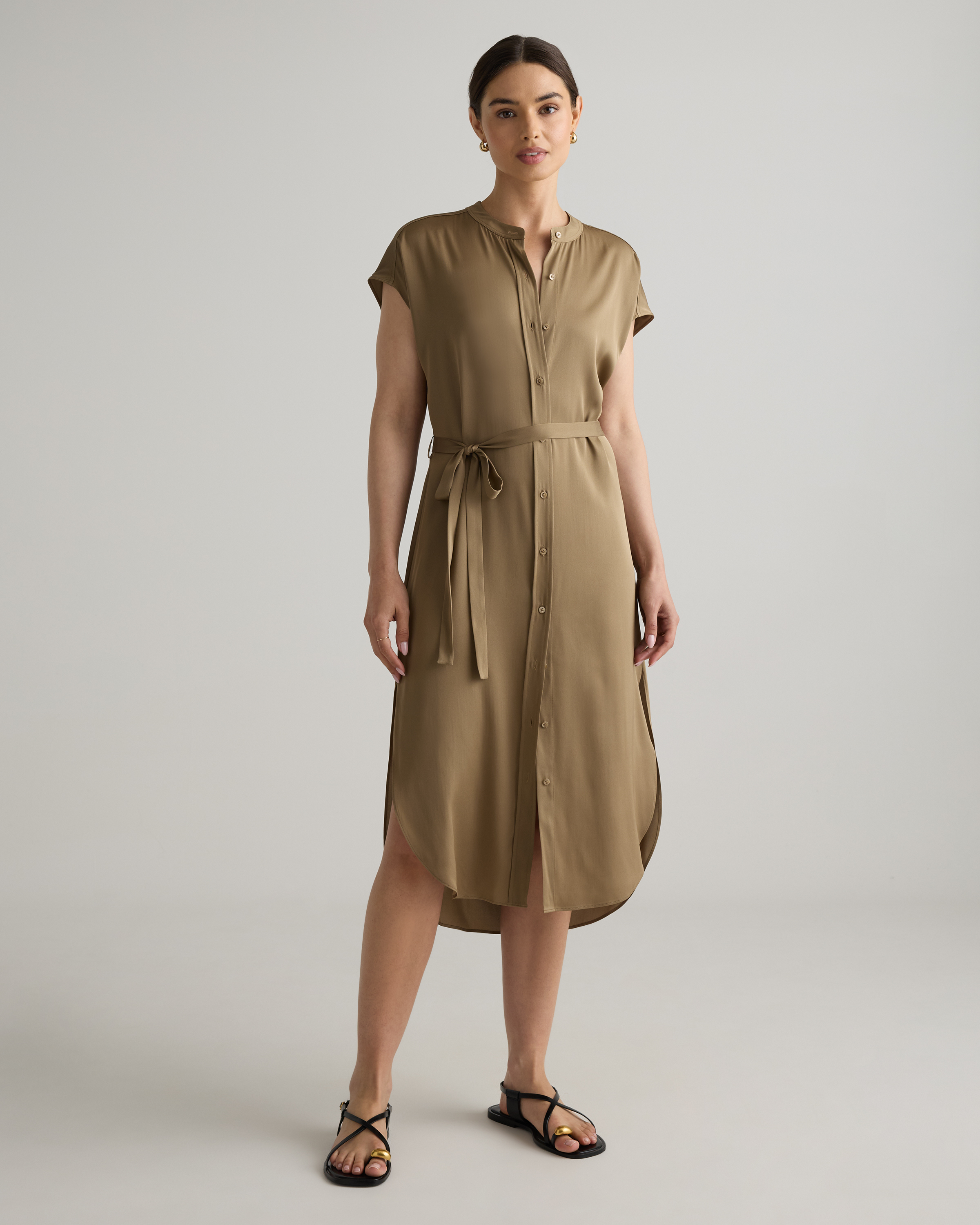 Washable Stretch Silk Midi Shirt Dress
