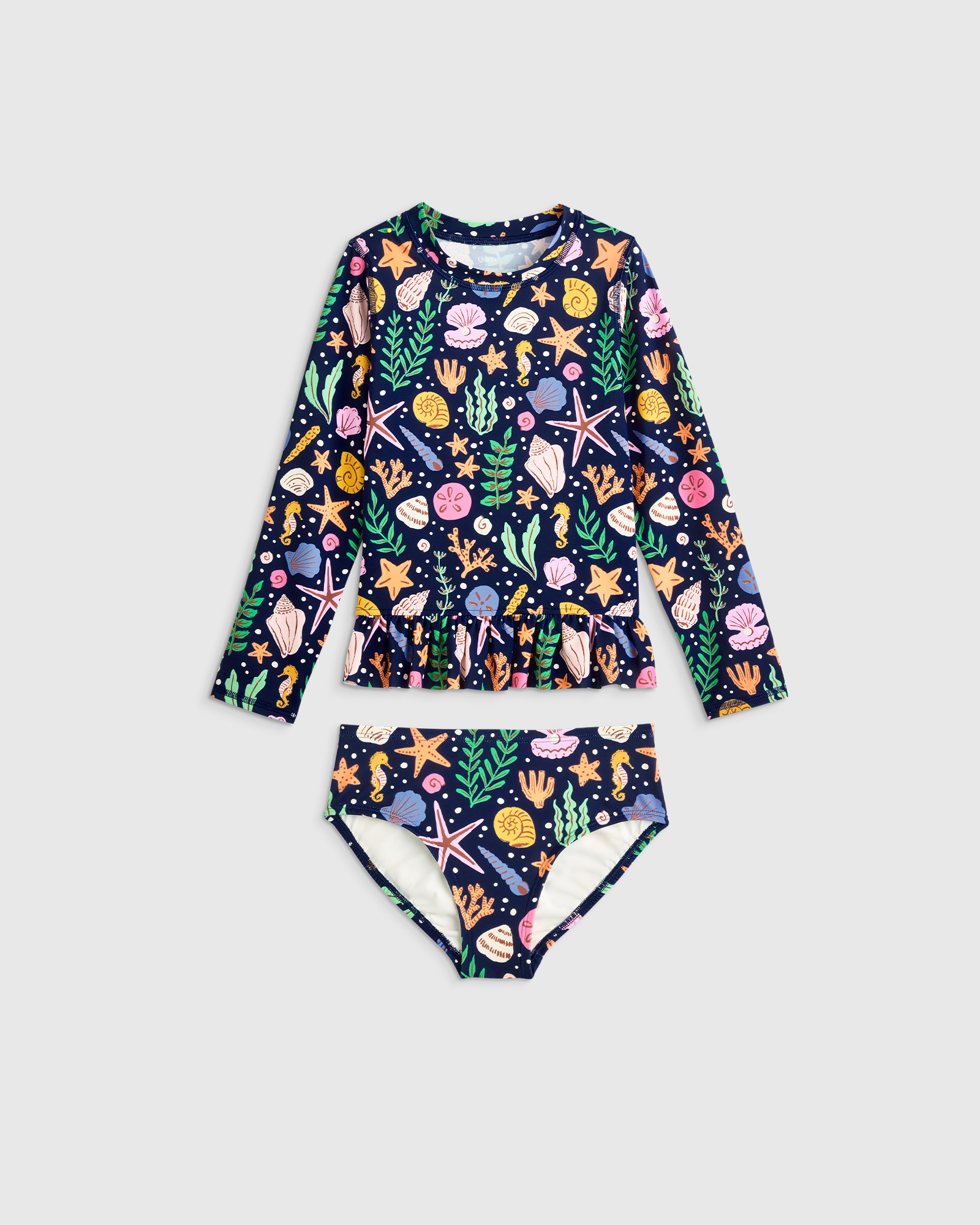 Navy Seashells Long Sleeve Ruffle Rash Guard Two-Piece Swimsuit