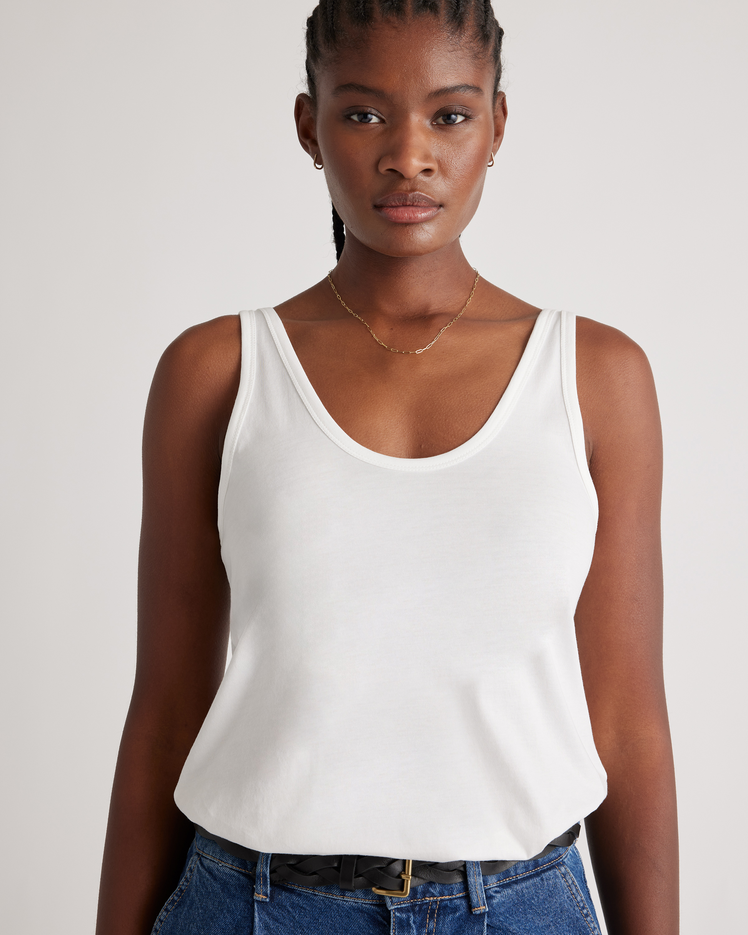 ★GLOWNY★ PURE MODAL SLIT TANK (WHITE MELANGE) Cotton Modal Double Scoop Neck Tank 3 Pack Bundle