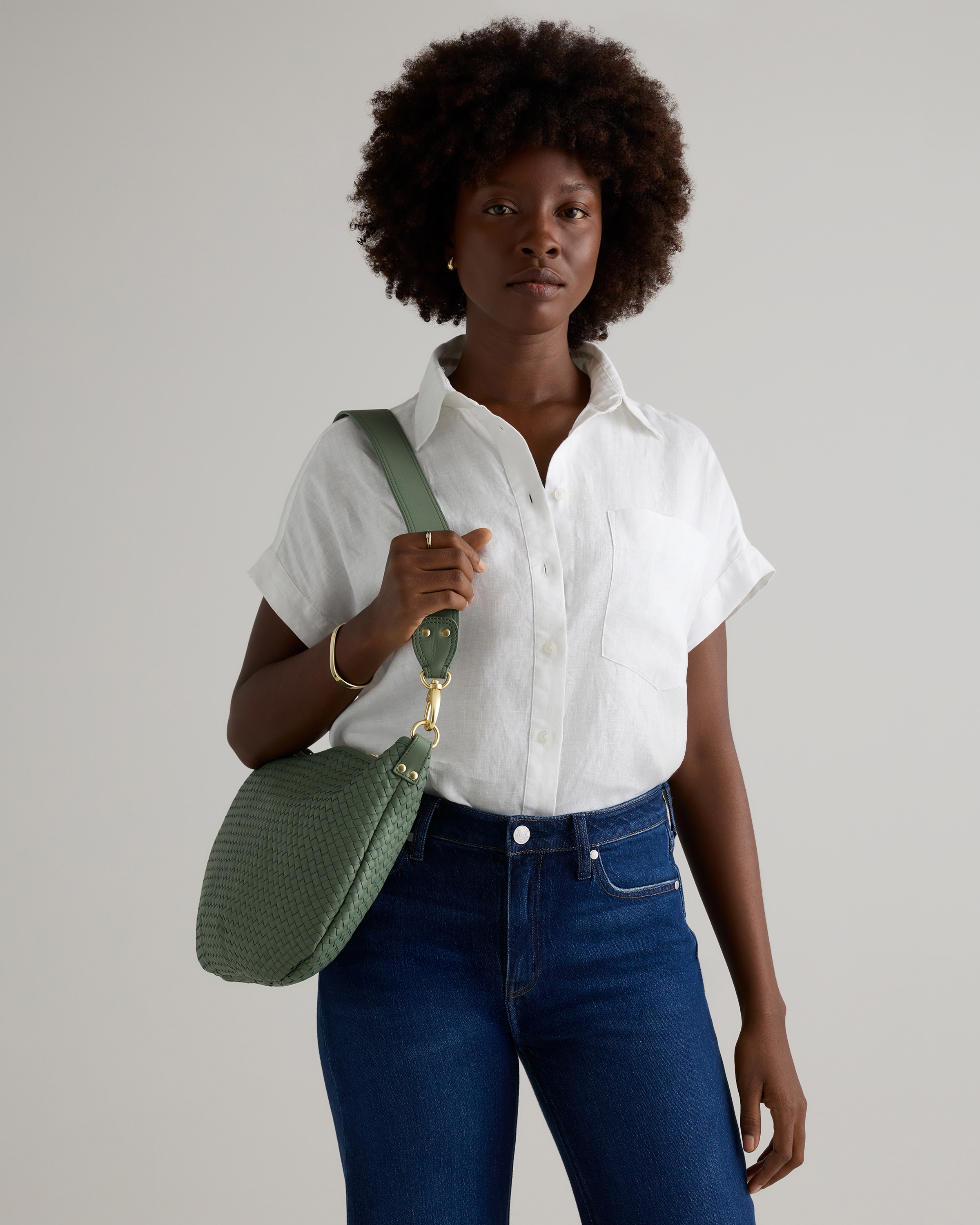 Italian Leather Convertible Crescent Handwoven Shoulder Bag in Sage