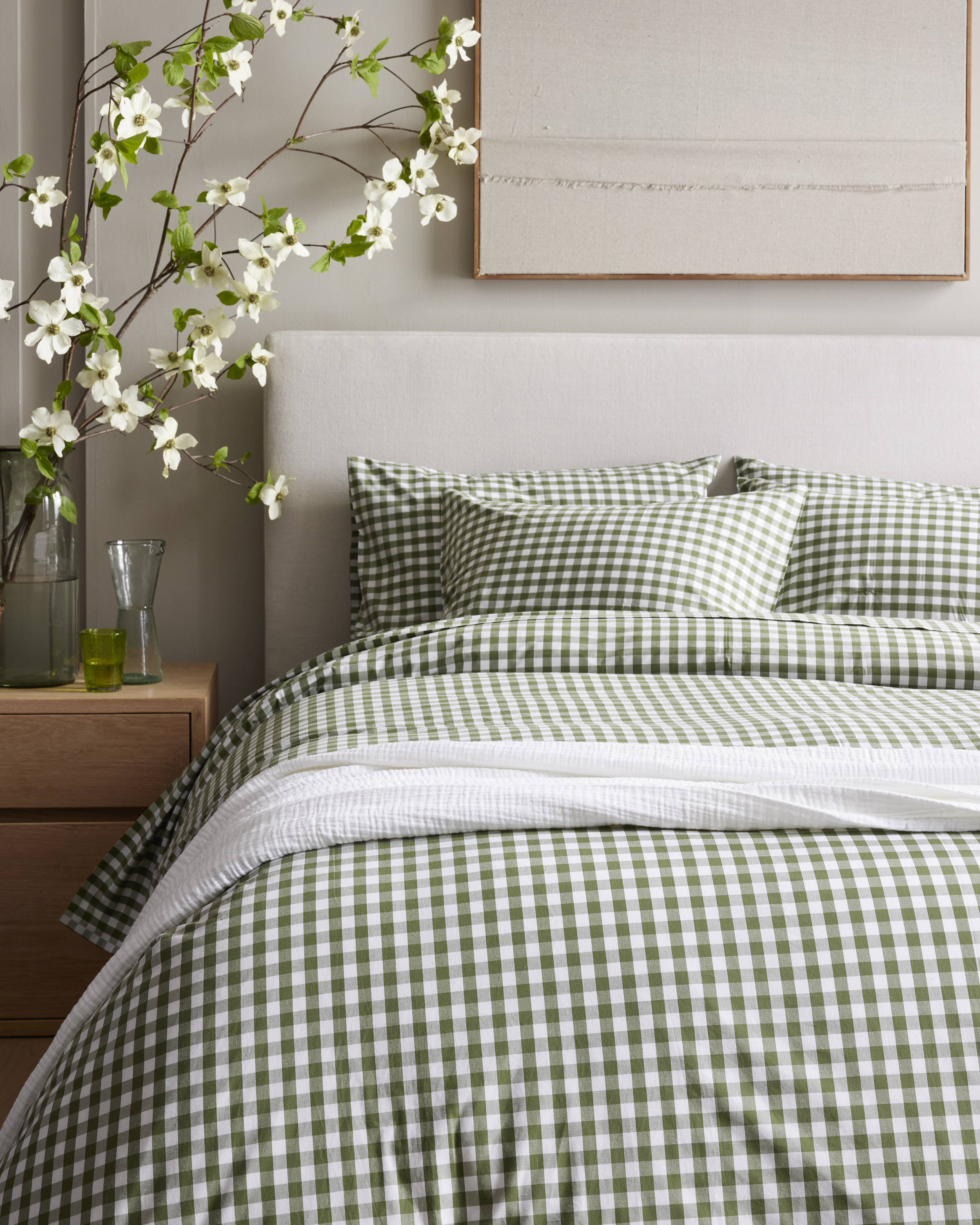 Classic Organic Percale Gingham Duvet Cover Set - Olive