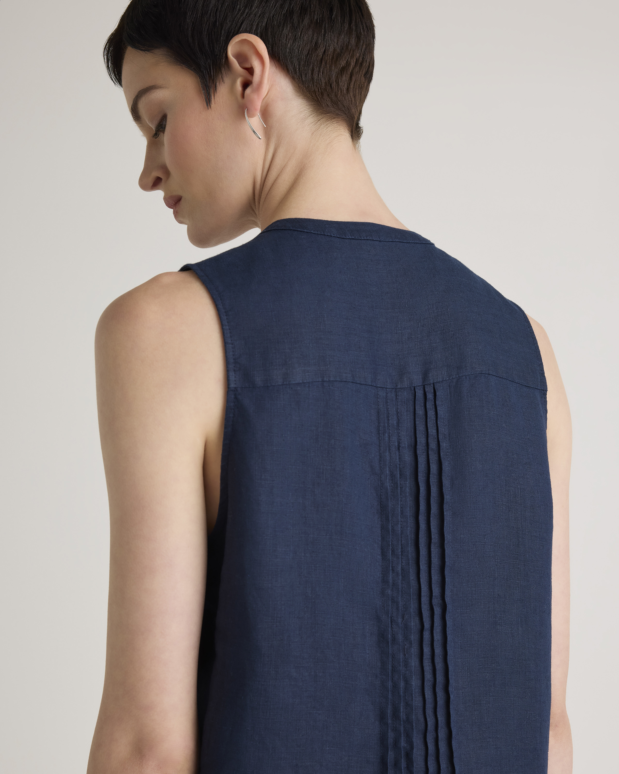 Quince Women's Sleeveless Swing Dress in Deep Navy, Small Size - 100% European Linen, Eco-Friendly Material, Pleat Detailing
