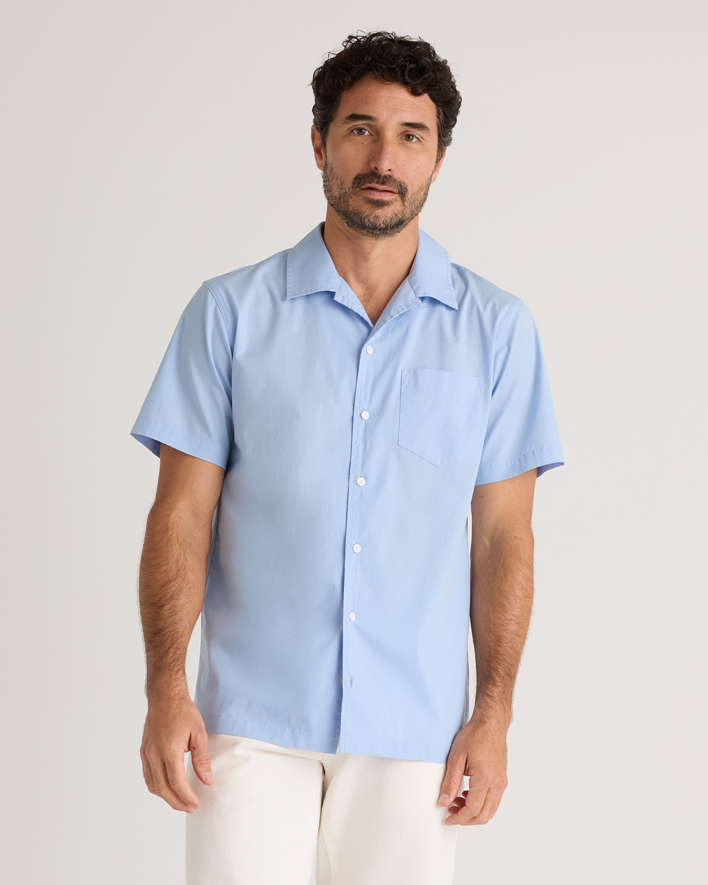 Light Blue Organic Cotton Stretch Poplin Camp Shirt