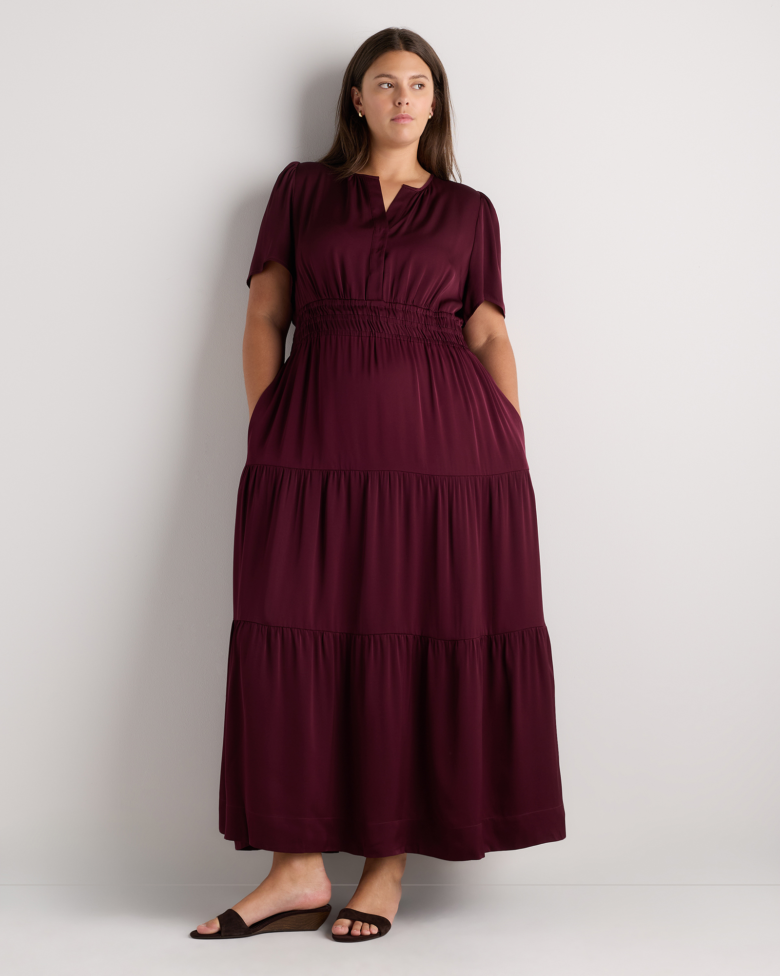 Wine Tasting Red Washable Stretch Silk Tiered Maxi Dress