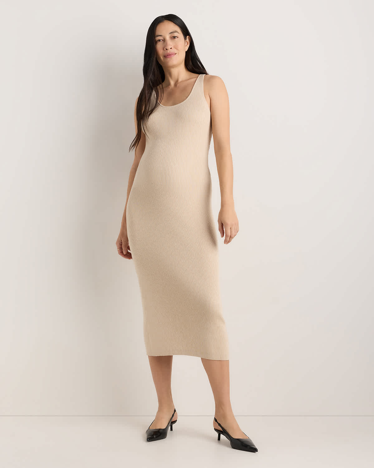 maternity fitted midi dress Black Mesh Overlay Fitted Maternity Midi Dress