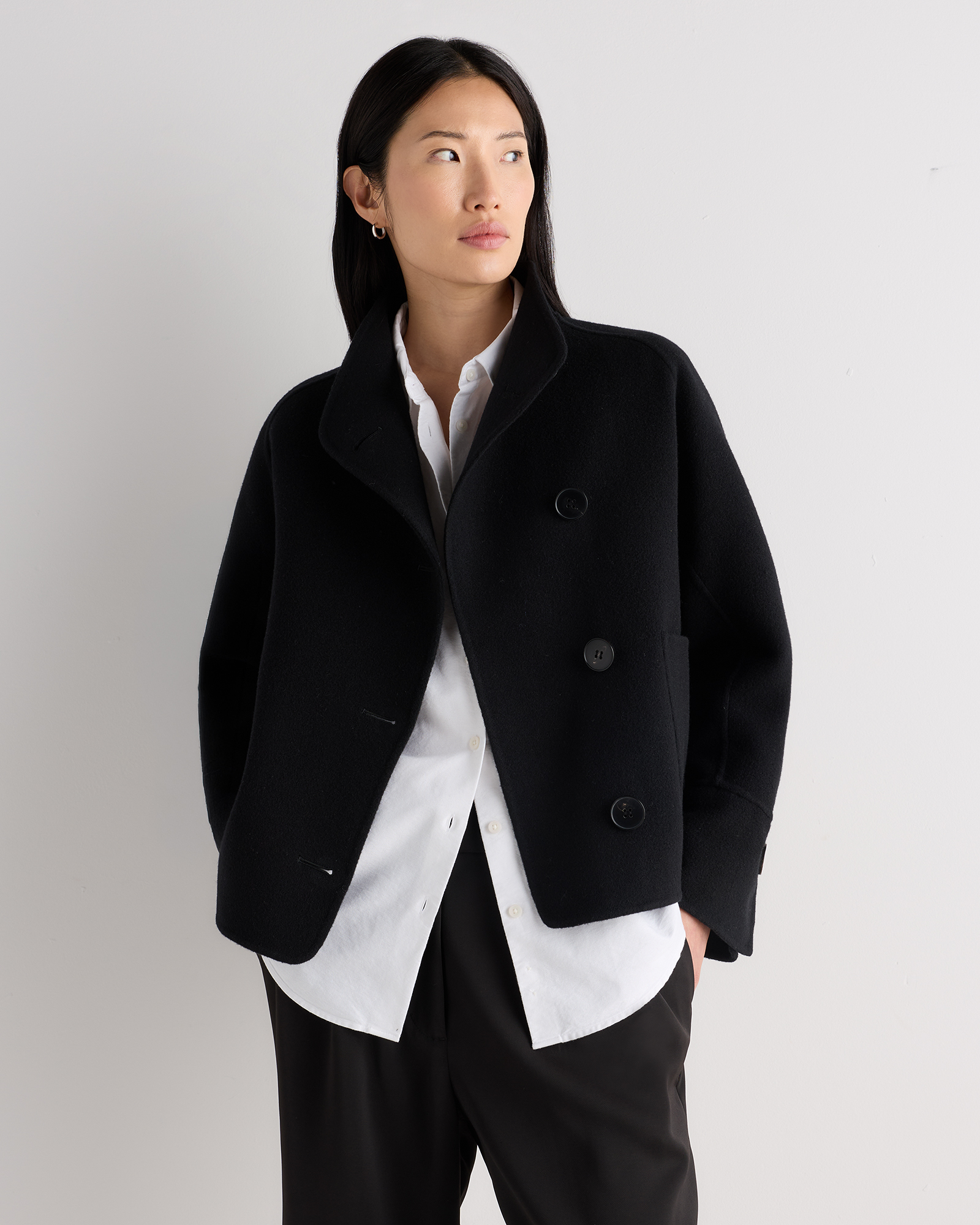 Black Double-Faced Merino Wool Funnel Neck Jacket