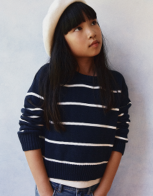 Navy/White Pull 100 % coton biologique à col rond