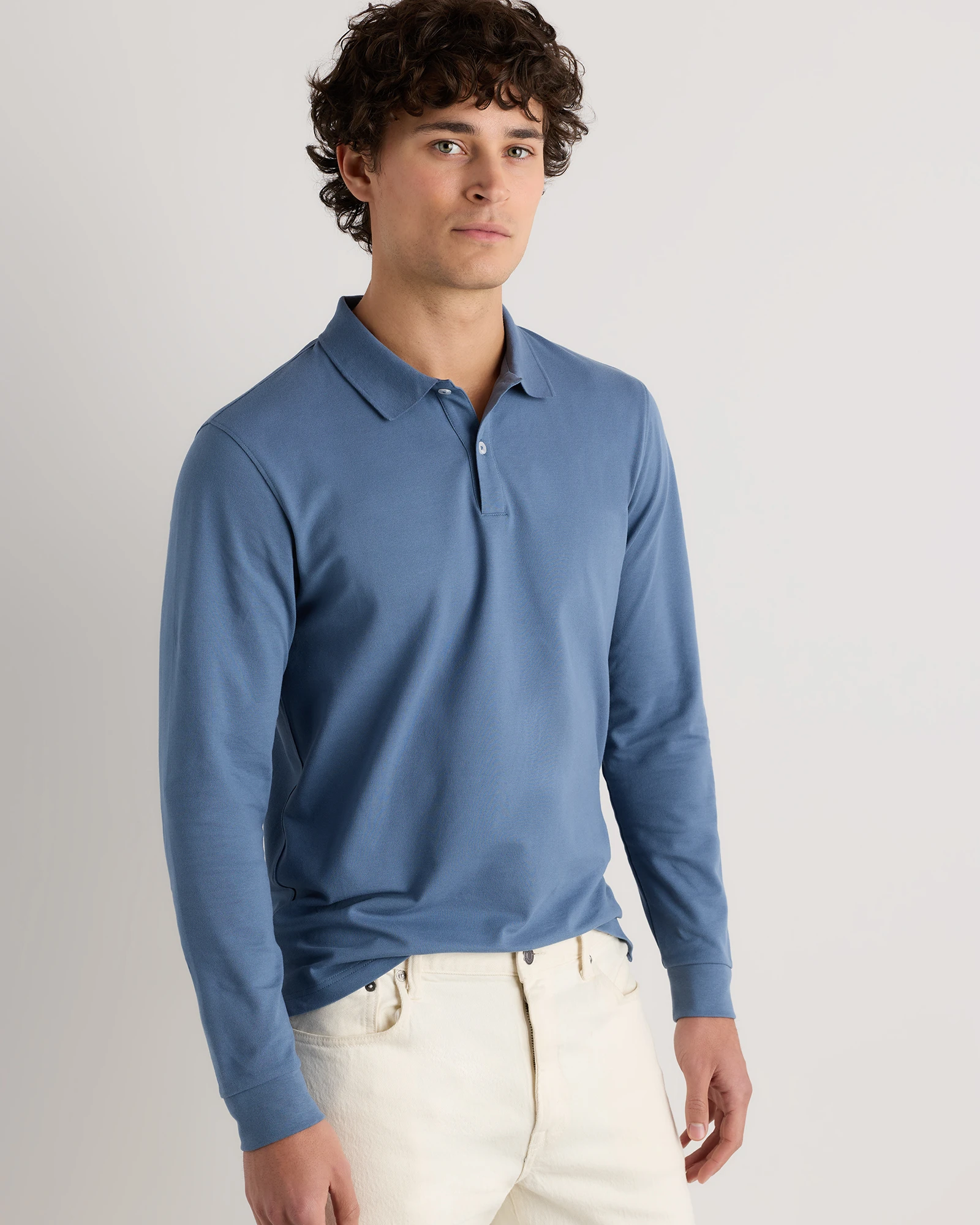Organic Cotton Long Sleeve Pique Polo in Heather Grey