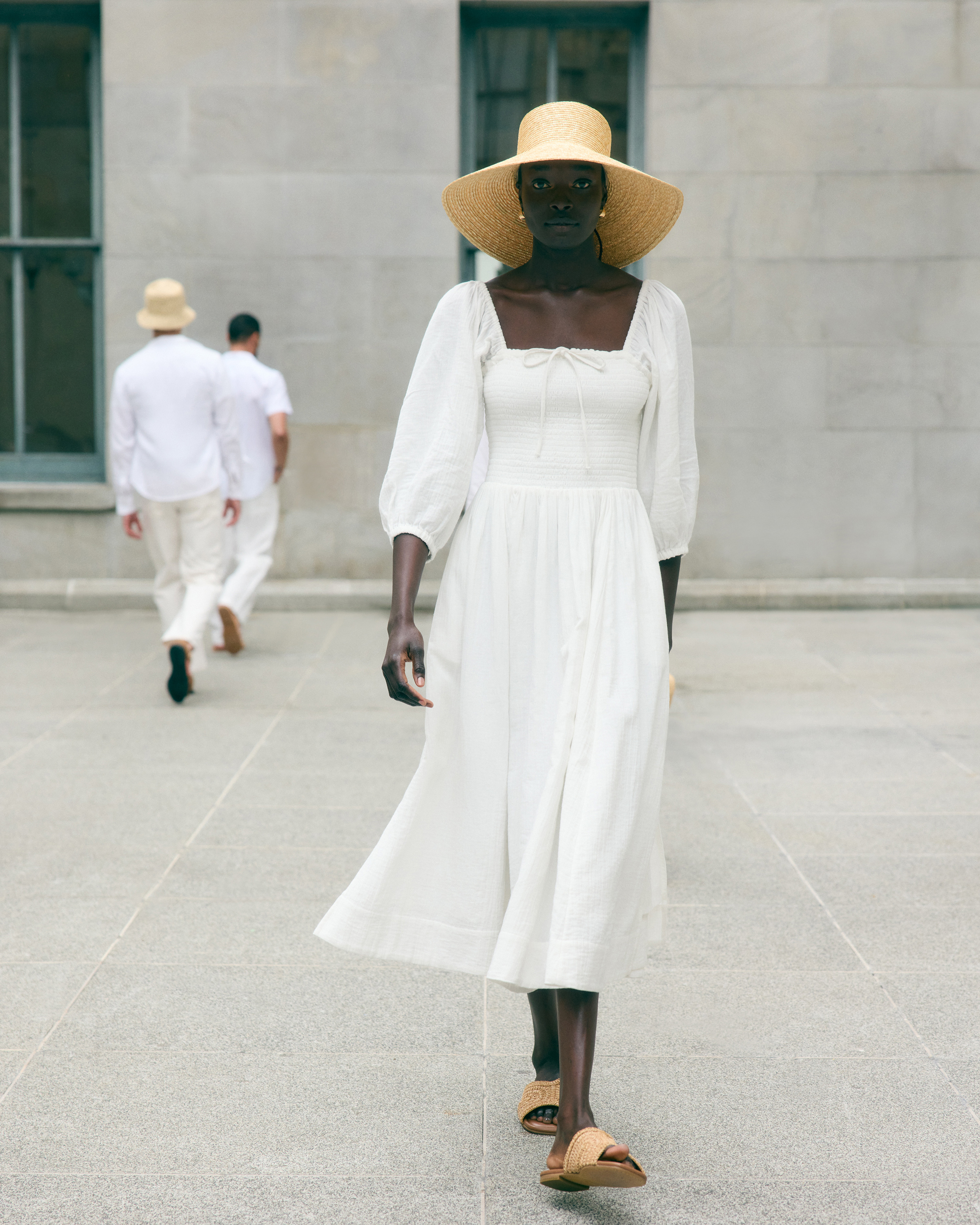 Midi Dress Straight Neck White Dress Puff Sleeve Split Hem Midi Dress