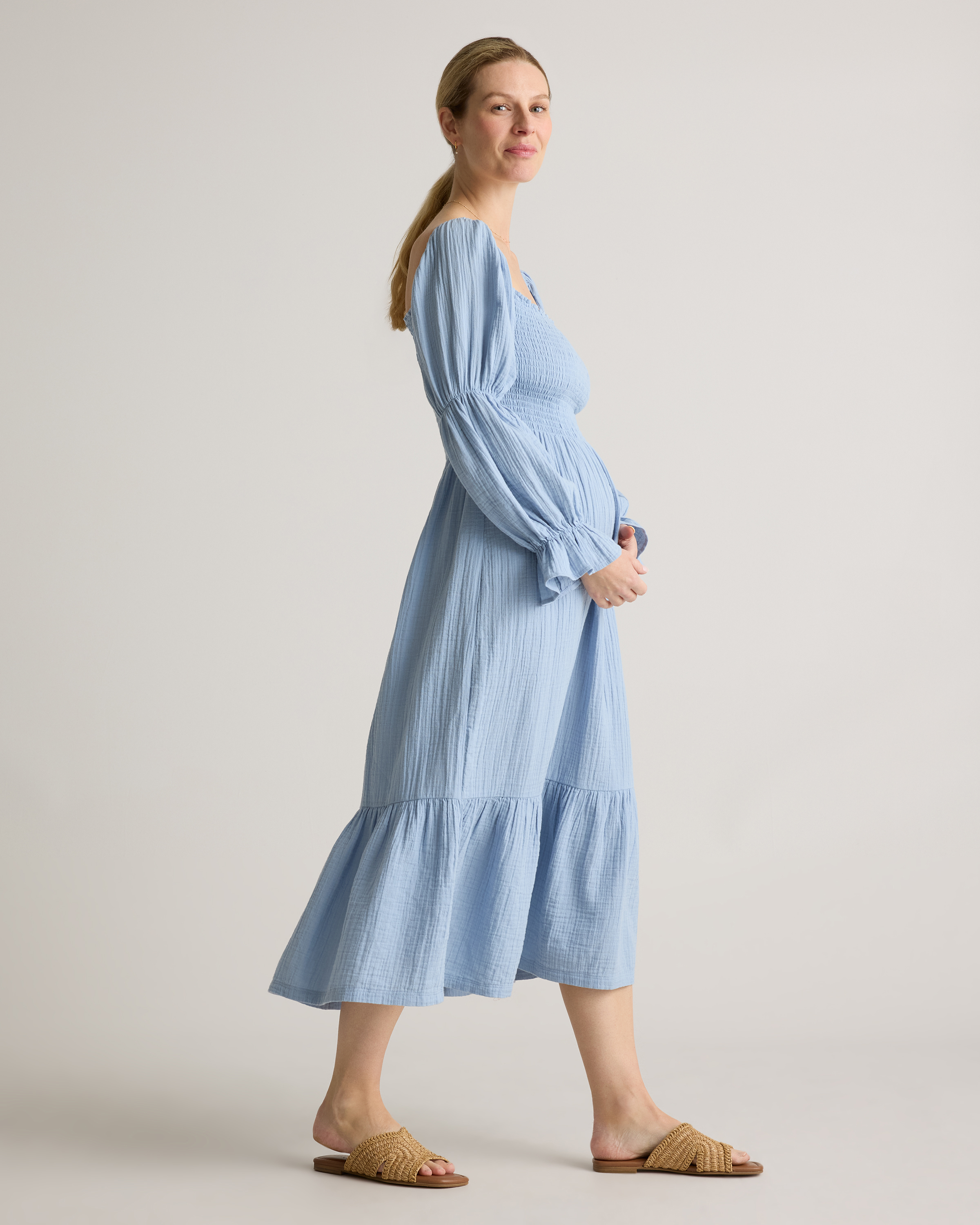 Women's Gauze Maternity Smocked Midi Dress in Ocean Breeze 100% Organic Cotton Gauze Maternity Smocked Midi Dress in Ocean Breeze