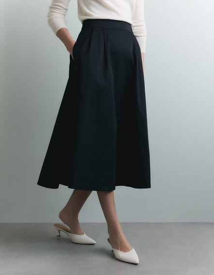 True Black Organic Cotton Sateen A-line Midi Skirt