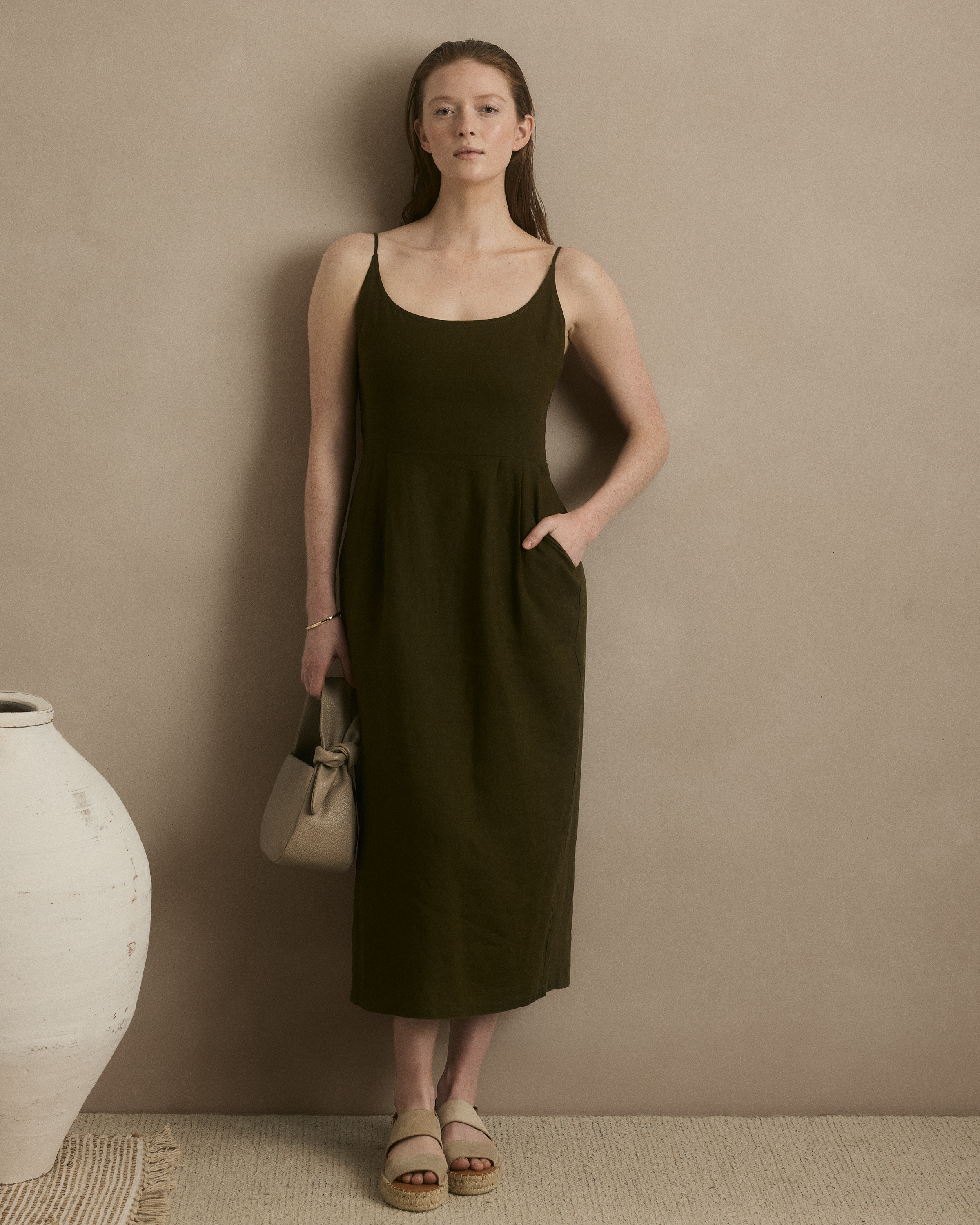 Quince Women's European Linen Scoop Neck Midi Dress, Martini Olive, Size Large - Breathable & Lightweight