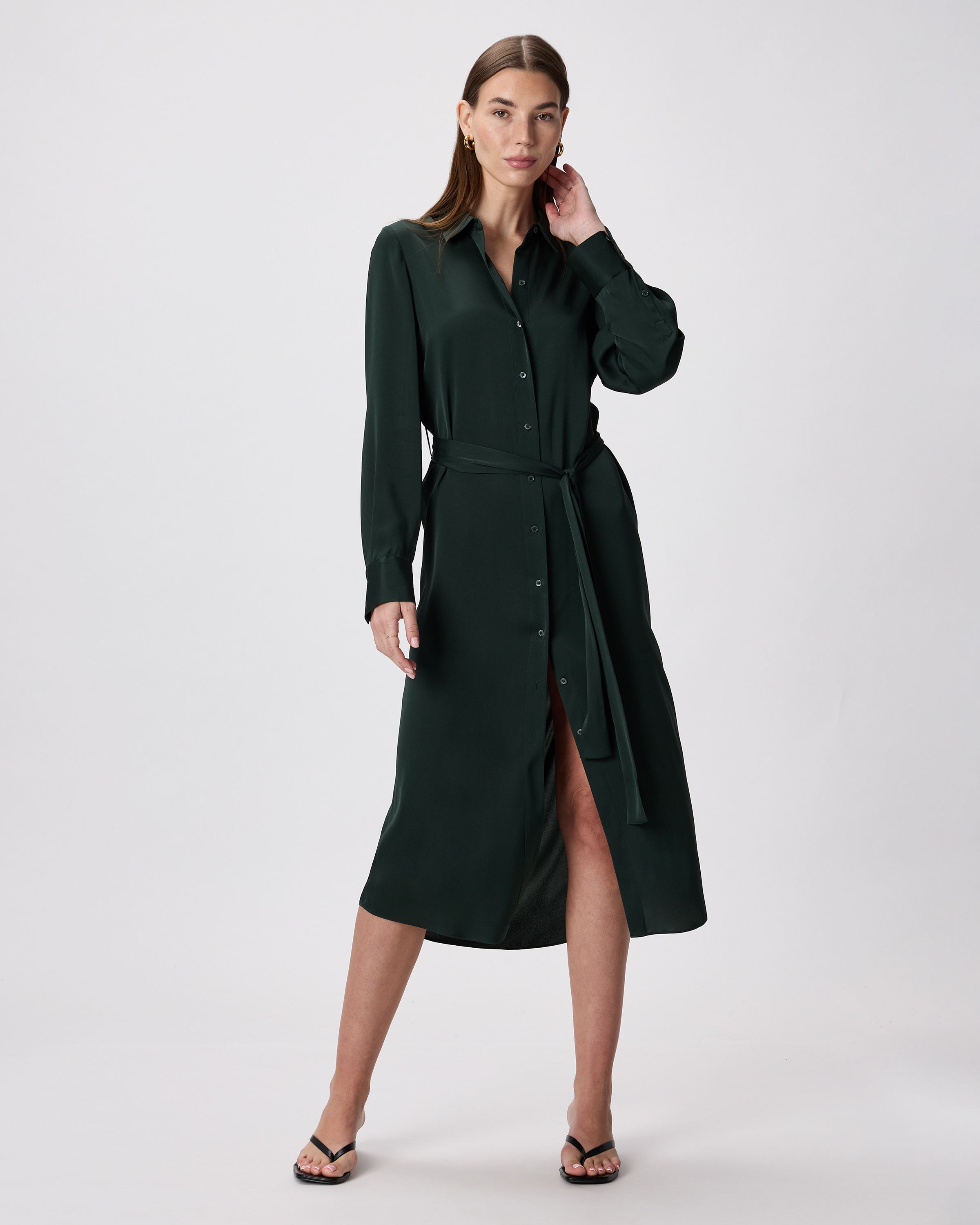 Forest Green Washable Stretch Silk Maxi Shirt Dress