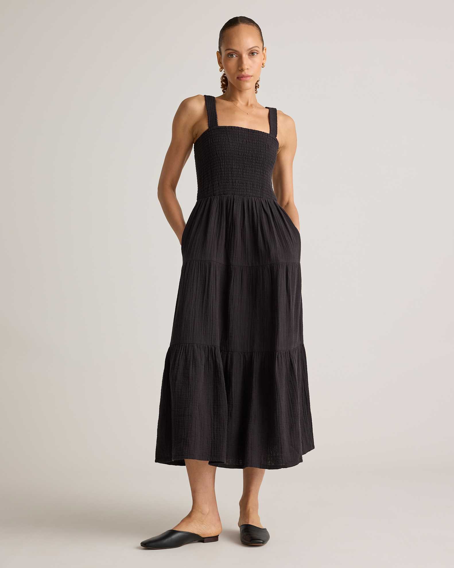 100% Organic Cotton Gauze Smocked Sleeveless Maxi Dress in Black 100% Organic Cotton Gauze Smocked Sleeveless Maxi Dress in Black