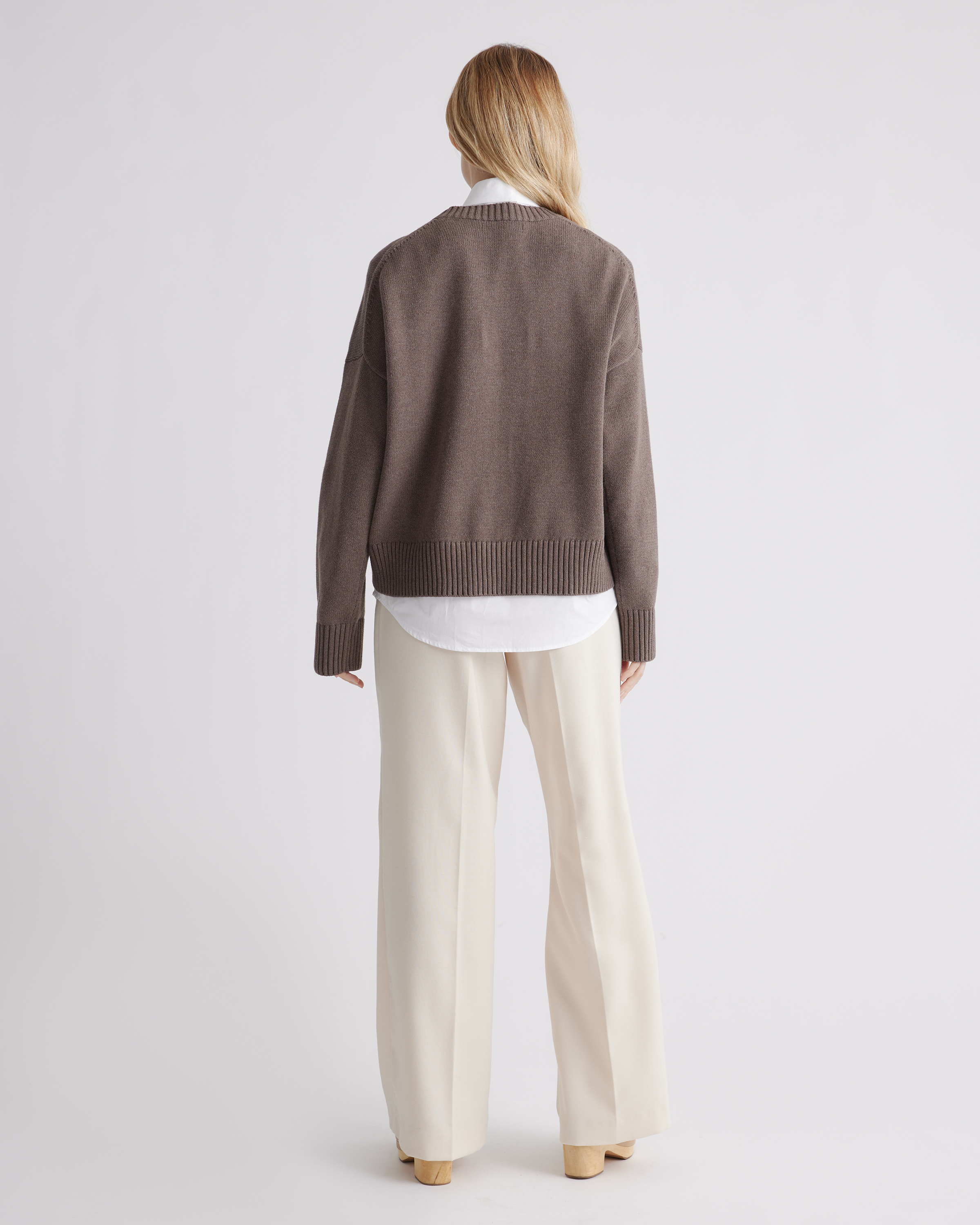 100% Organic Cotton Boyfriend Crew Sweater in Heather Brown