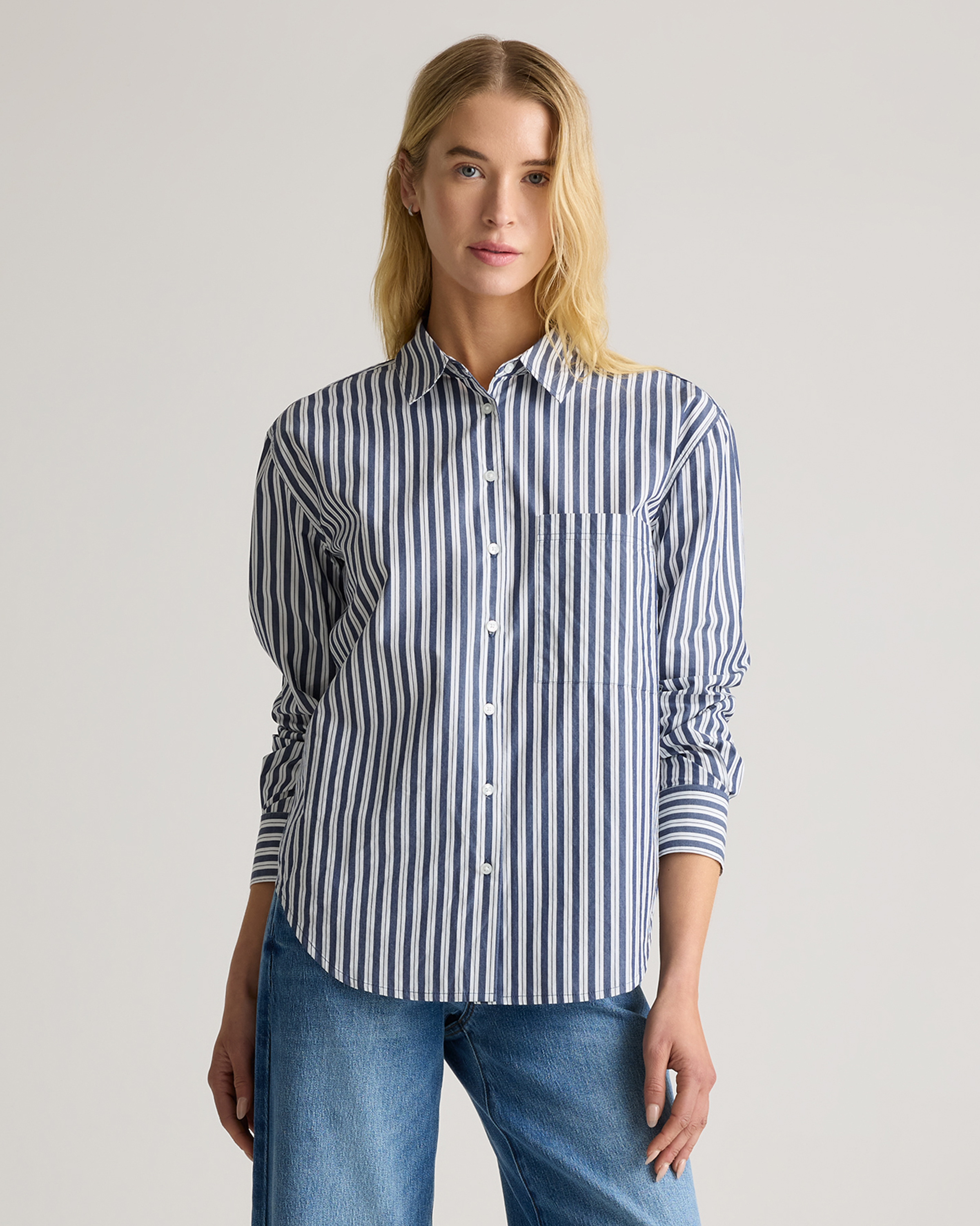 100% European Linen Long Sleeve Shirt in Blue Pinstripe