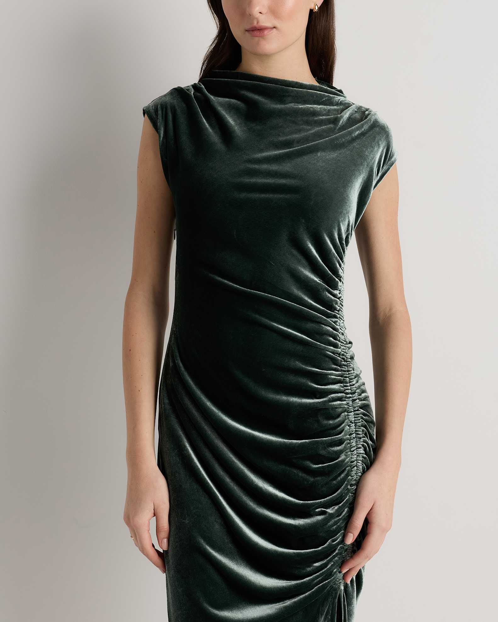 Stretch Silk Velvet Ruched Midi Dress in Forest Green Stretch Silk Velvet Ruched Midi Dress in Forest Green