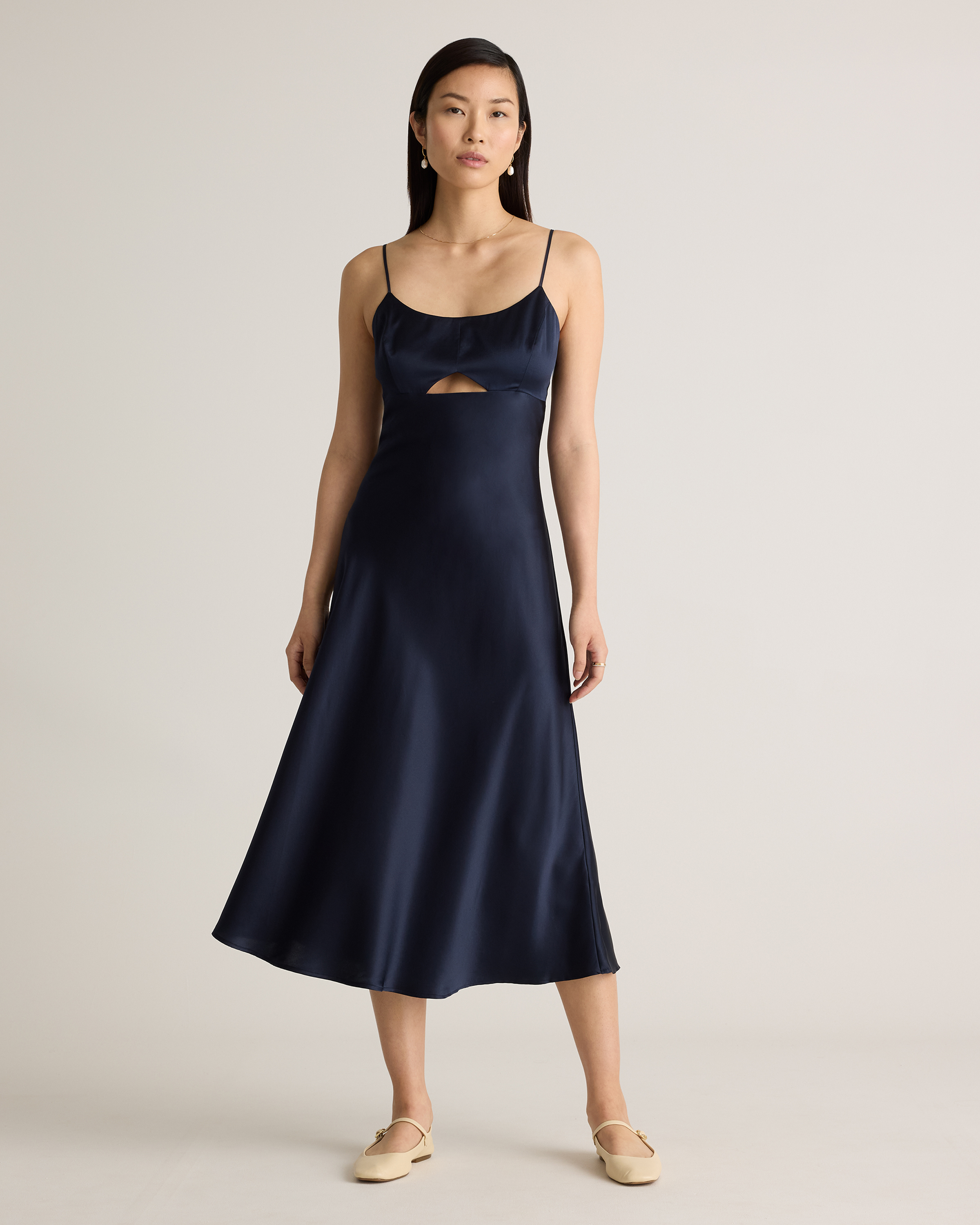 Navy 100% Washable Silk Cutout Midi Slip Dress