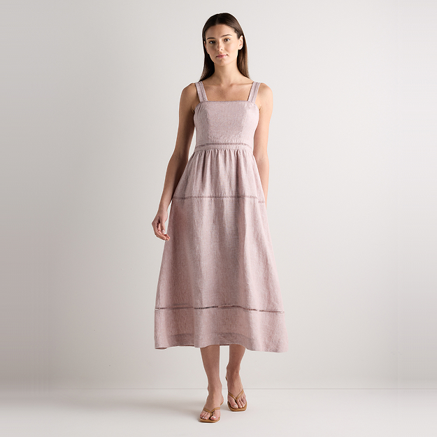 100% European Linen Button Front Dress in Khaki / Black Gingham