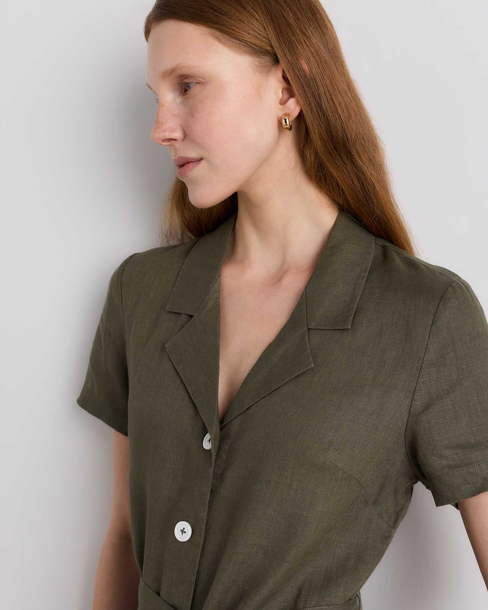 100% European Linen Button Front Dress in Bayberry Olive 100% European Linen Button Front Dress in Bayberry Olive