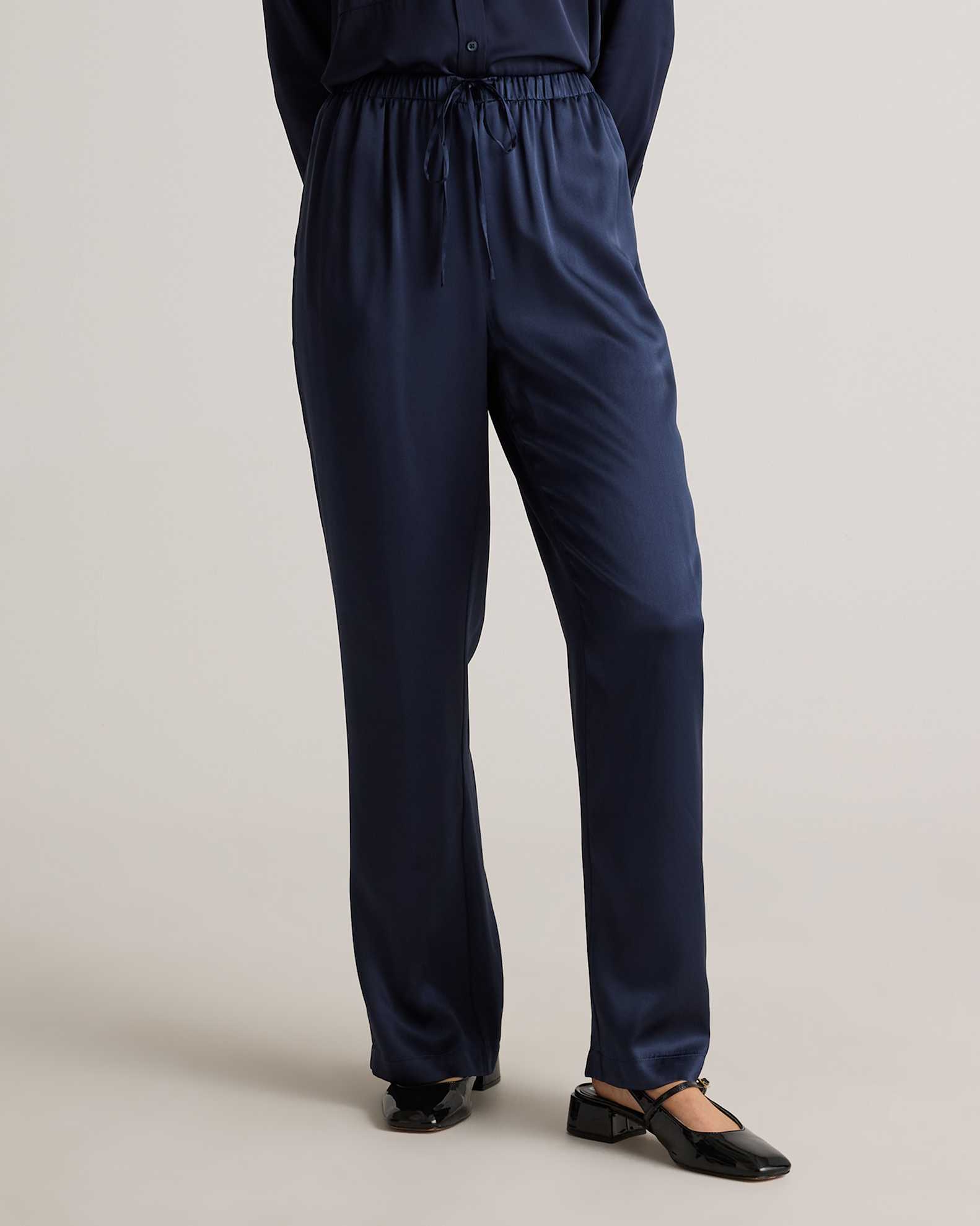 100% Washable Silk Drawstring Wide Leg Pants in Navy