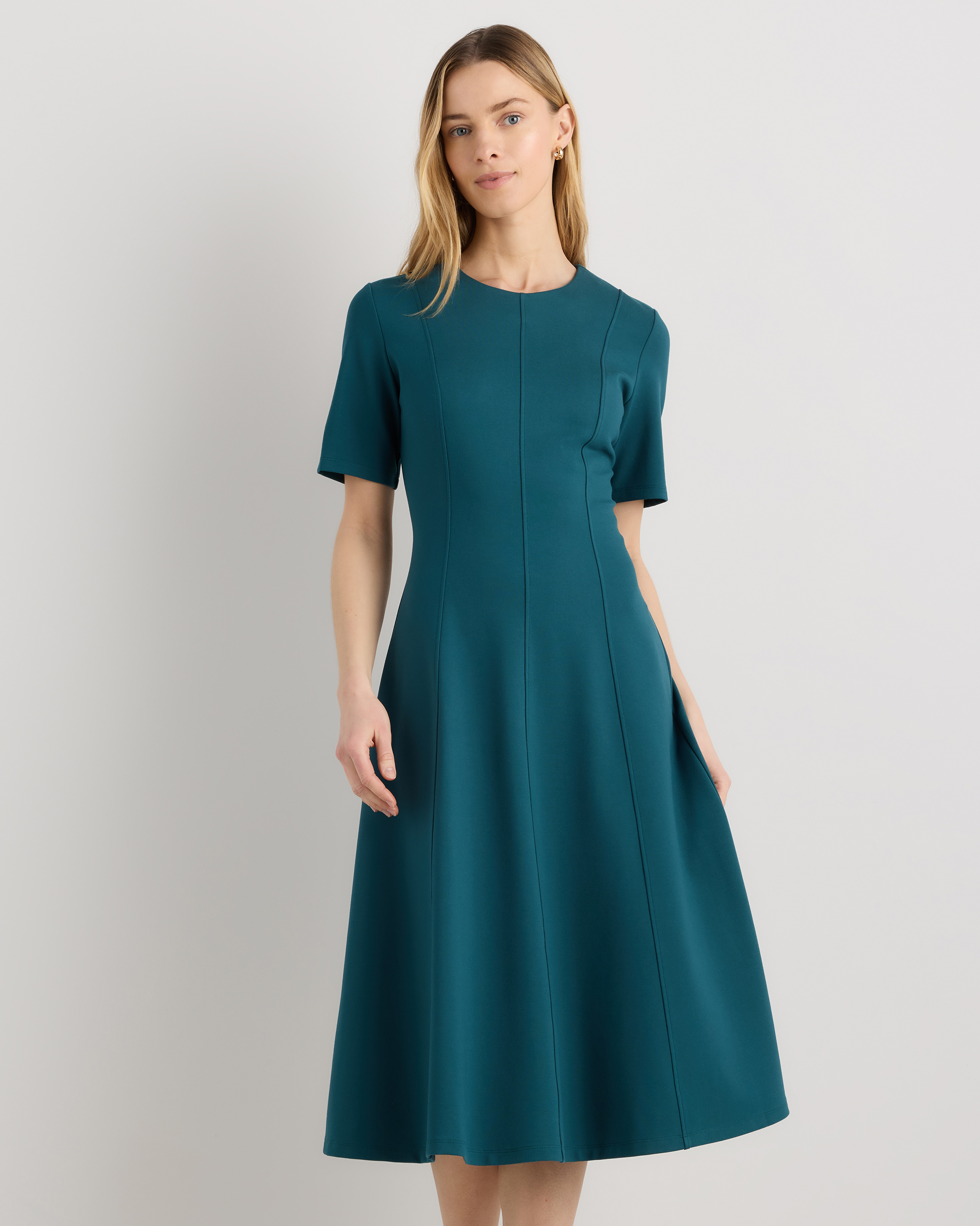 Ultra-Stretch Ponte Short Sleeve Midi Dress in Ocean Green