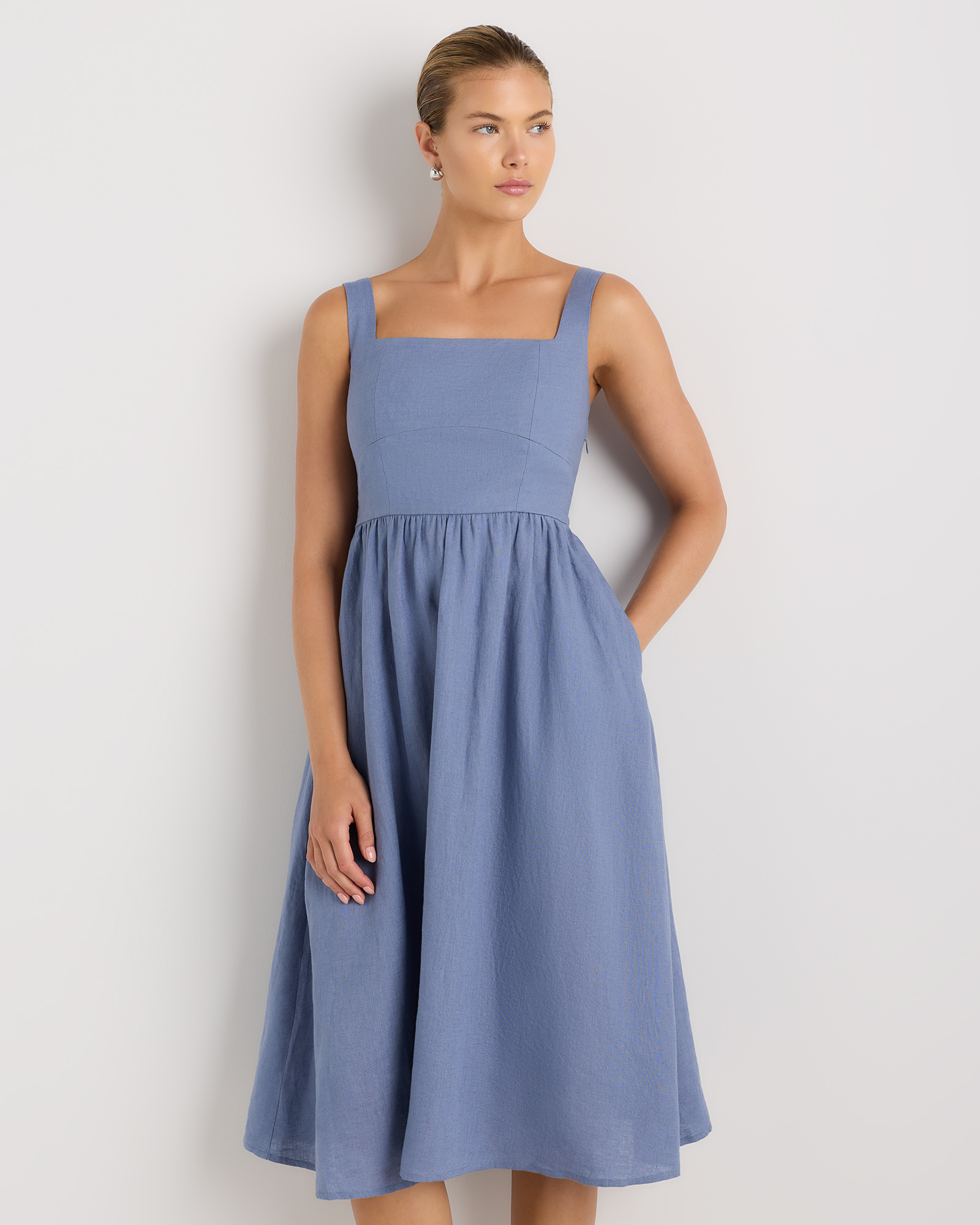 100% European Linen Fit & Flare Midi Dress in Moonstone Blue