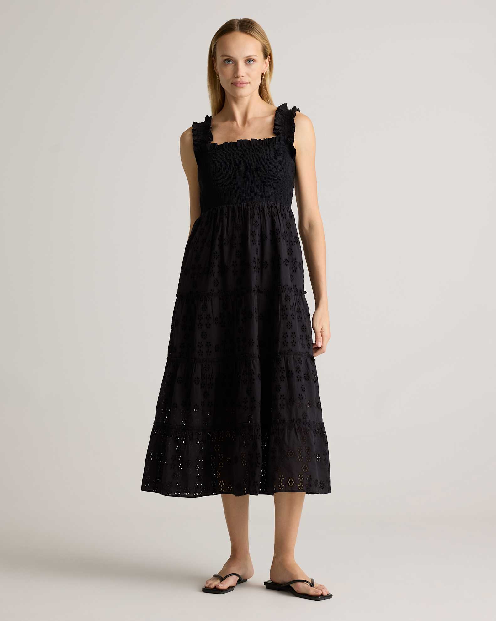 100% Organic Cotton Eyelet Smocked Midi Dress in Black 100% Organic Cotton Eyelet Smocked Midi Dress in Black