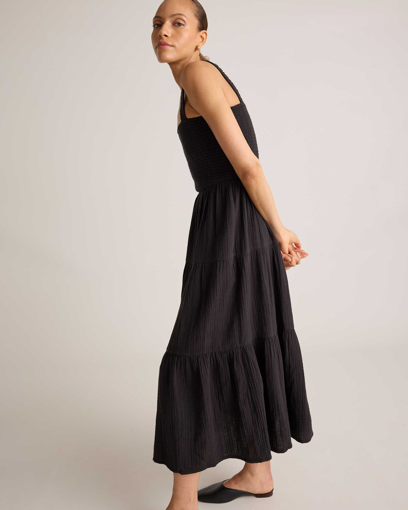 100% Organic Cotton Gauze Smocked Sleeveless Maxi Dress in Black 100% Organic Cotton Gauze Smocked Sleeveless Maxi Dress in Black