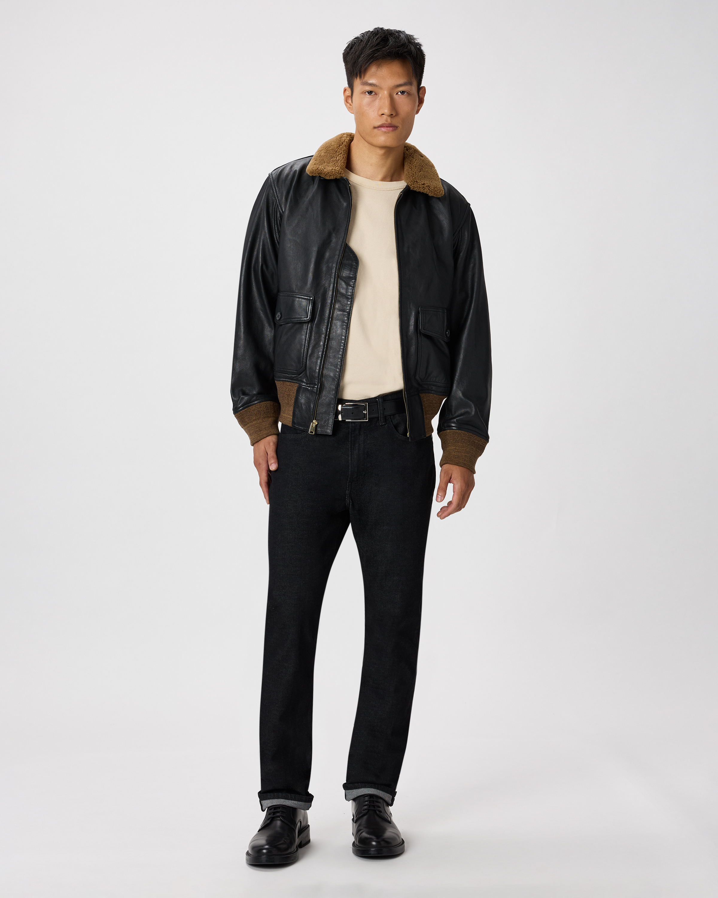 Shearling Collar Leather Flight Jacket