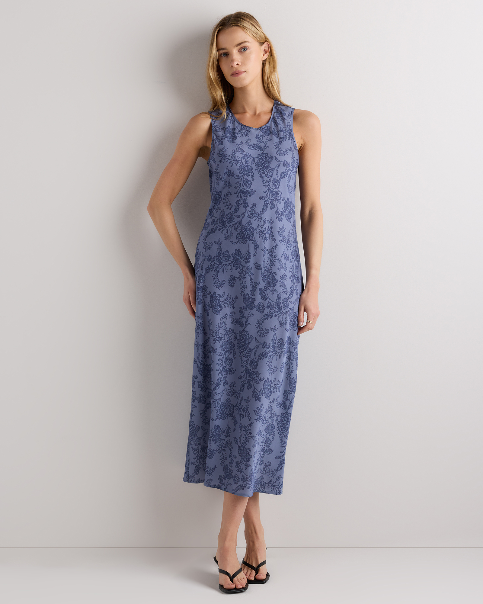 Moonstone Blue Heirloom Floral Washable Stretch Silk Tank Midi Dress