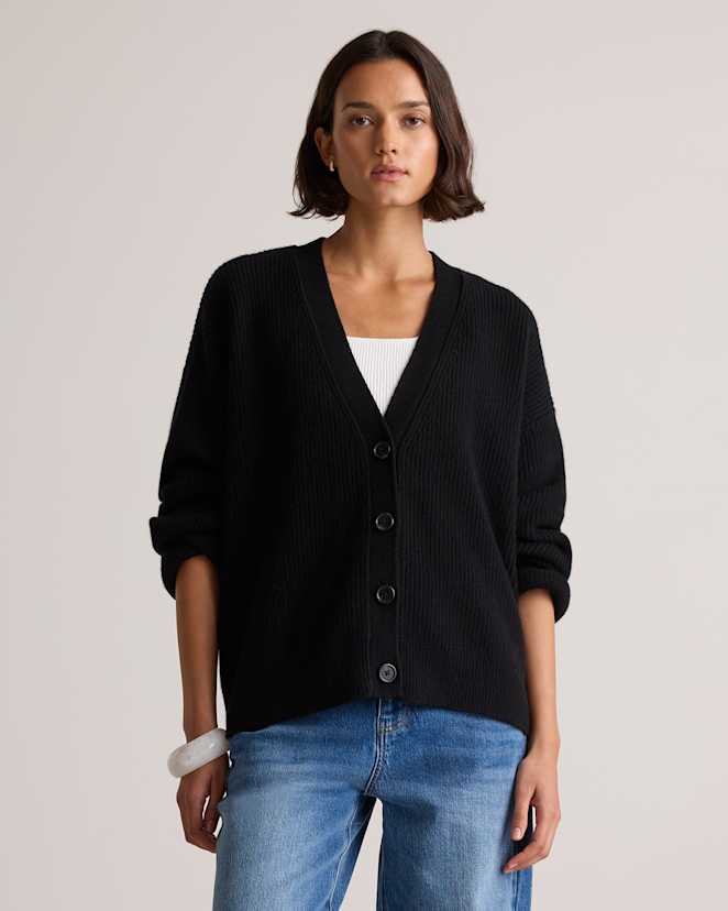 Black Mongolian Cashmere Fisherman Boxy Cropped Cardigan Sweater