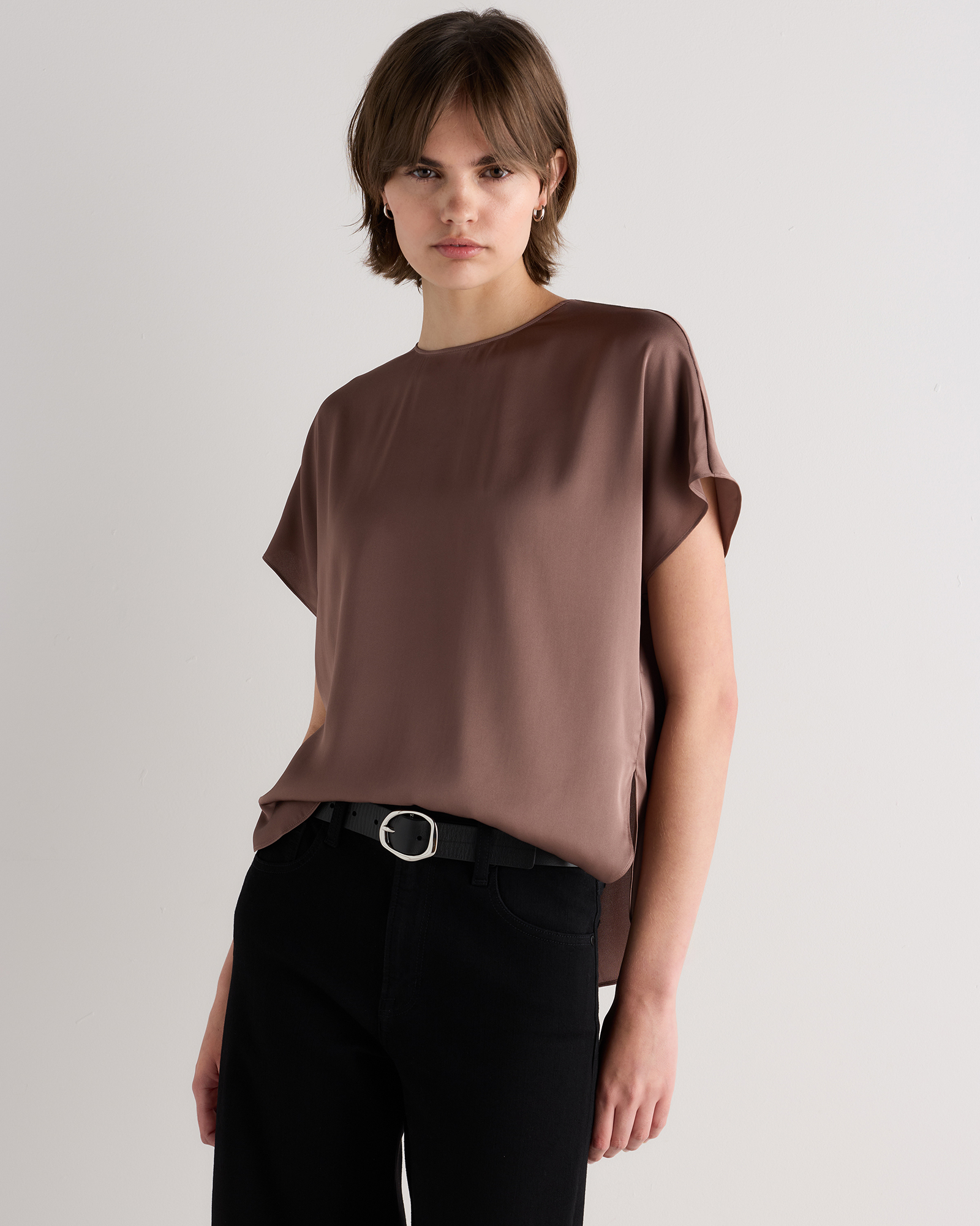 Mink Taupe Washable Stretch Silk Split Hem Tee